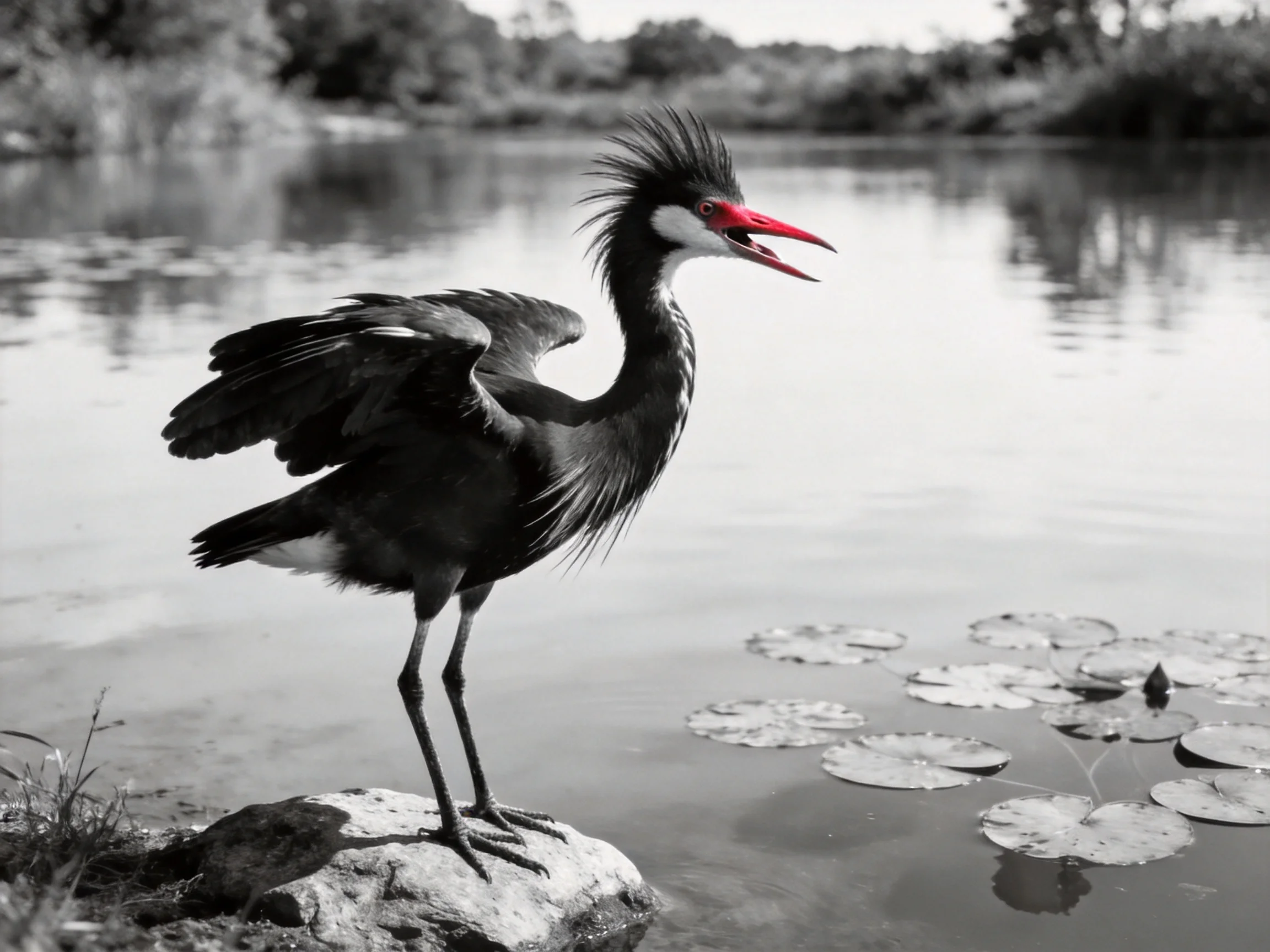 A crested bird with bright red beak perched on a rock by calm waters