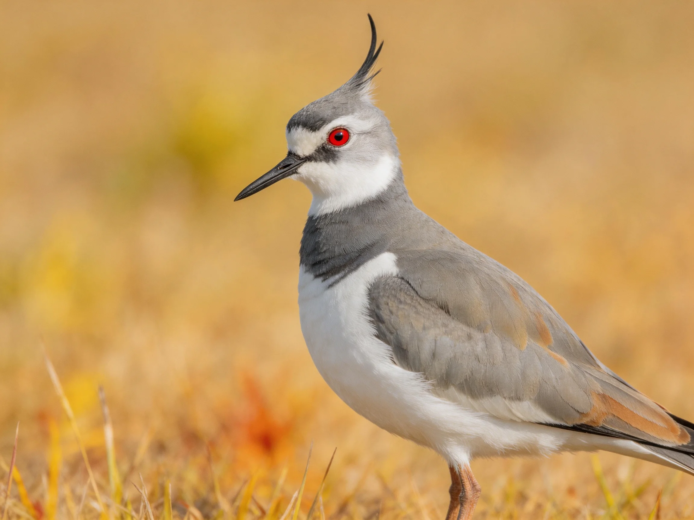 A crested bird with gray, white, and brown plumage standing on dry grass
