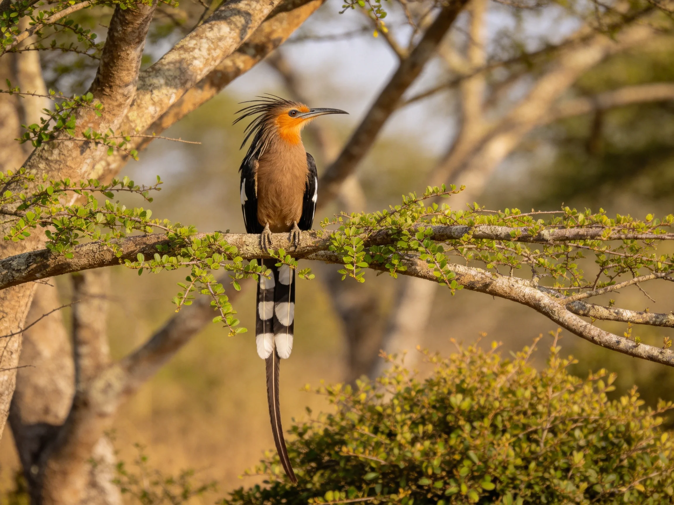 A crested bird with orange face perched on leafy branch