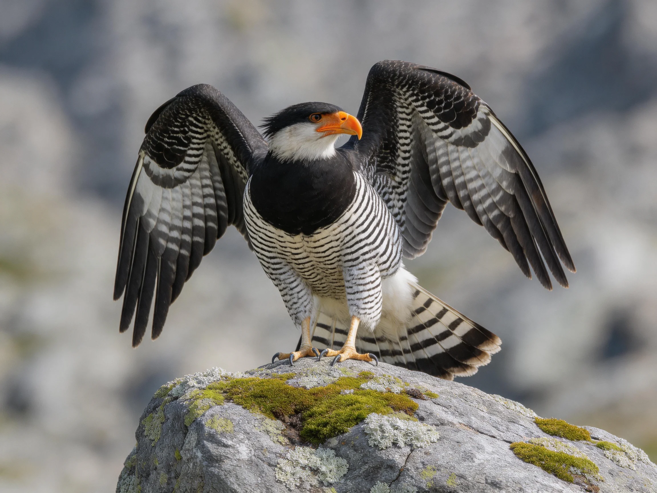 A crested caracara spreads wings atop a moss-covered rock
