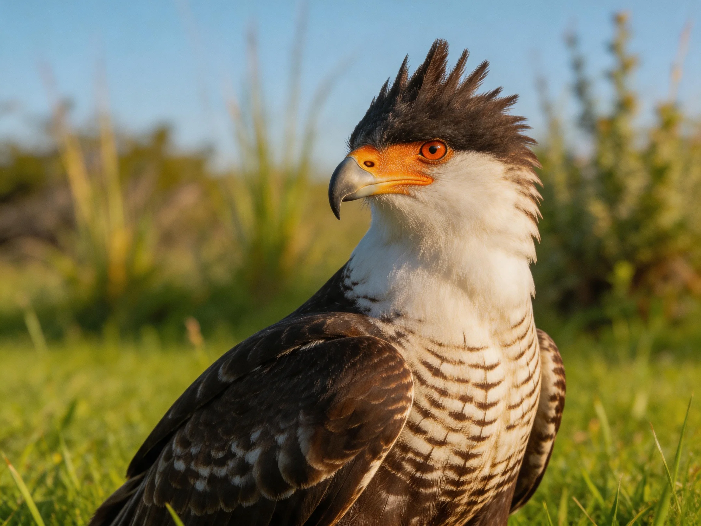 A crested caracara with bold black, white, and orange plumage