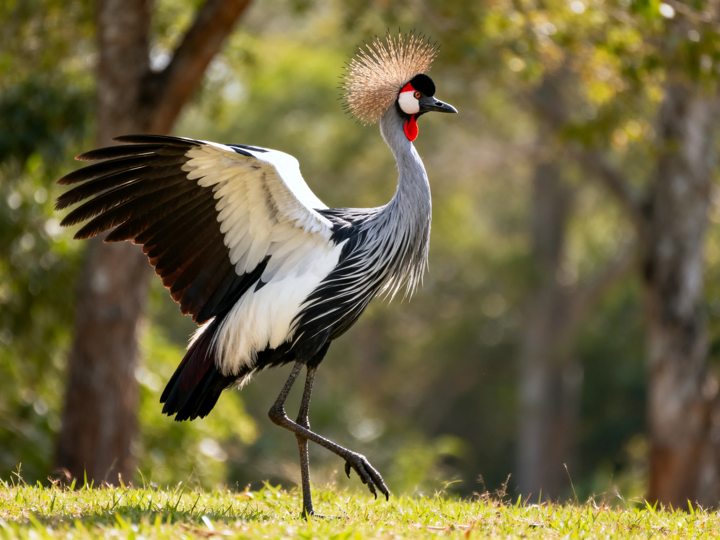 A crested crane shows vibrant plumage among sunlit trees
