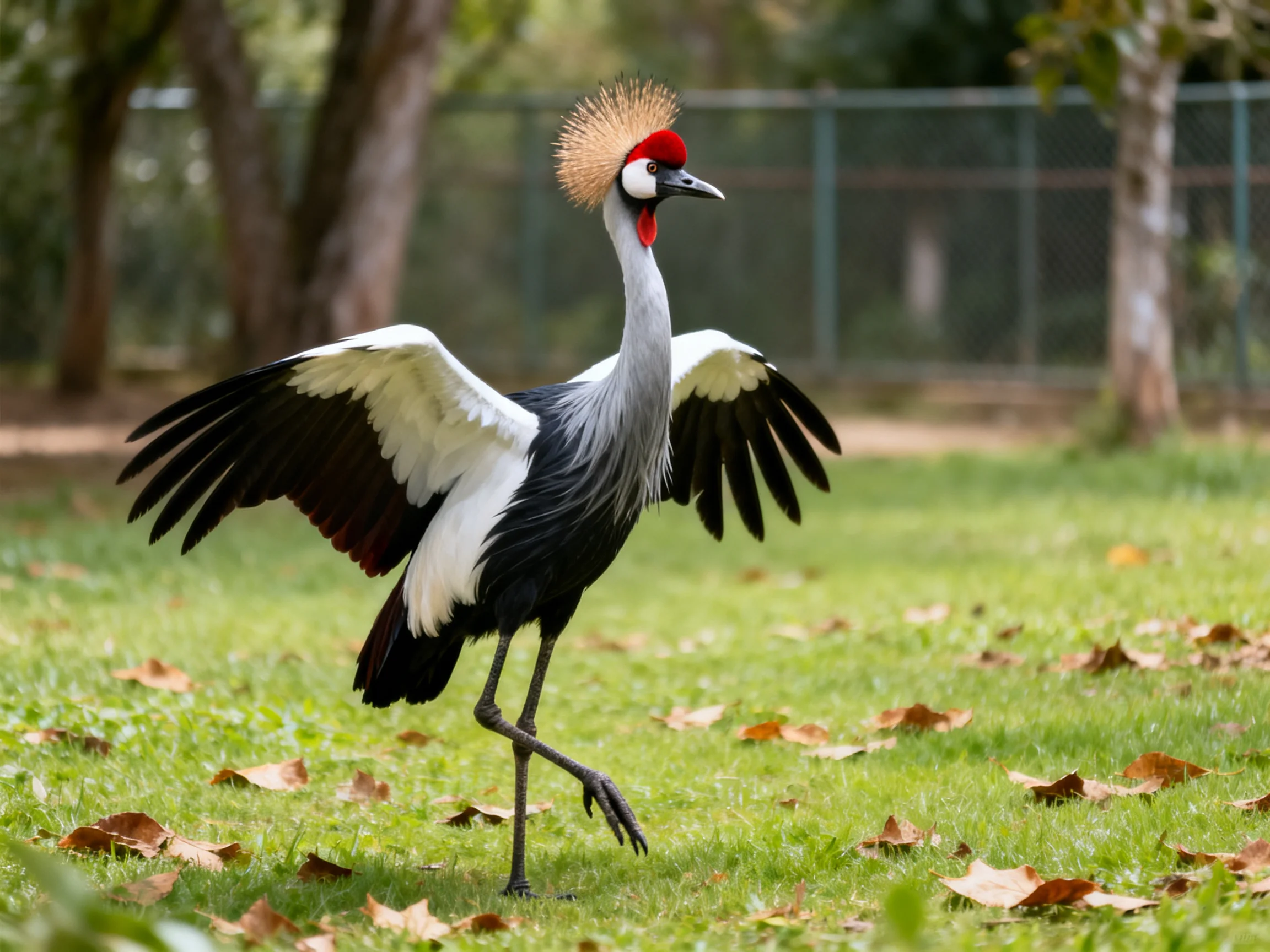 A crested crane with golden crown spreads wings on grass