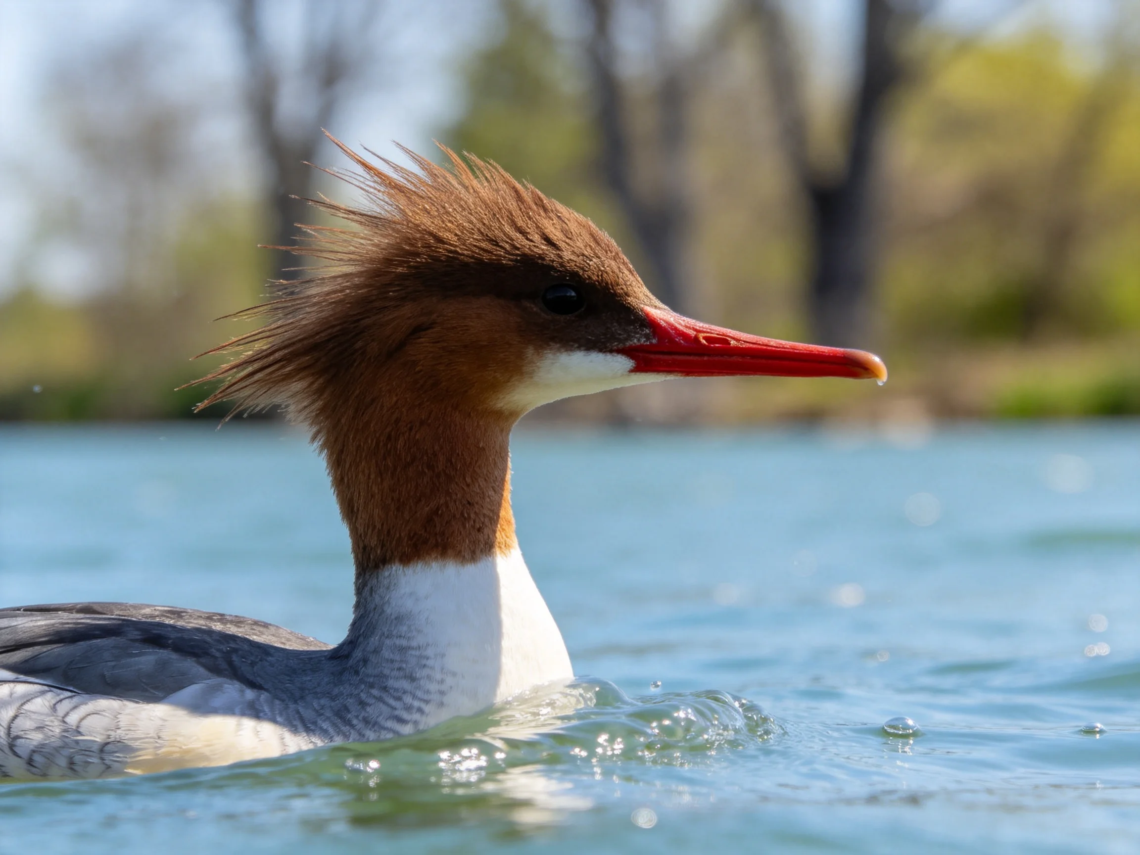 A crested duck with a bright red beak swims in clear blue water