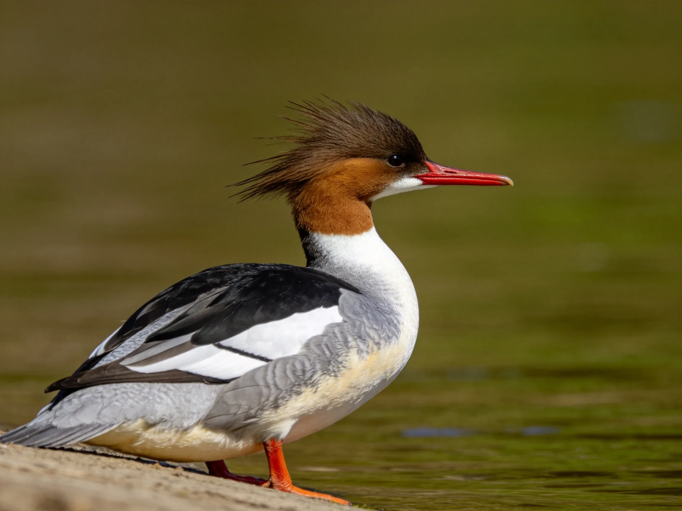 A crested duck with red beak and multicolored plumage by calm water