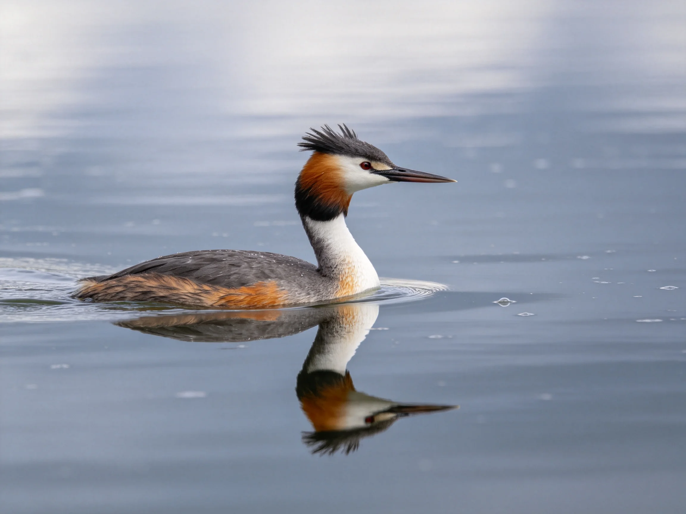 A crested grebe swims in calm blue water with brown, white, and gray plumage
