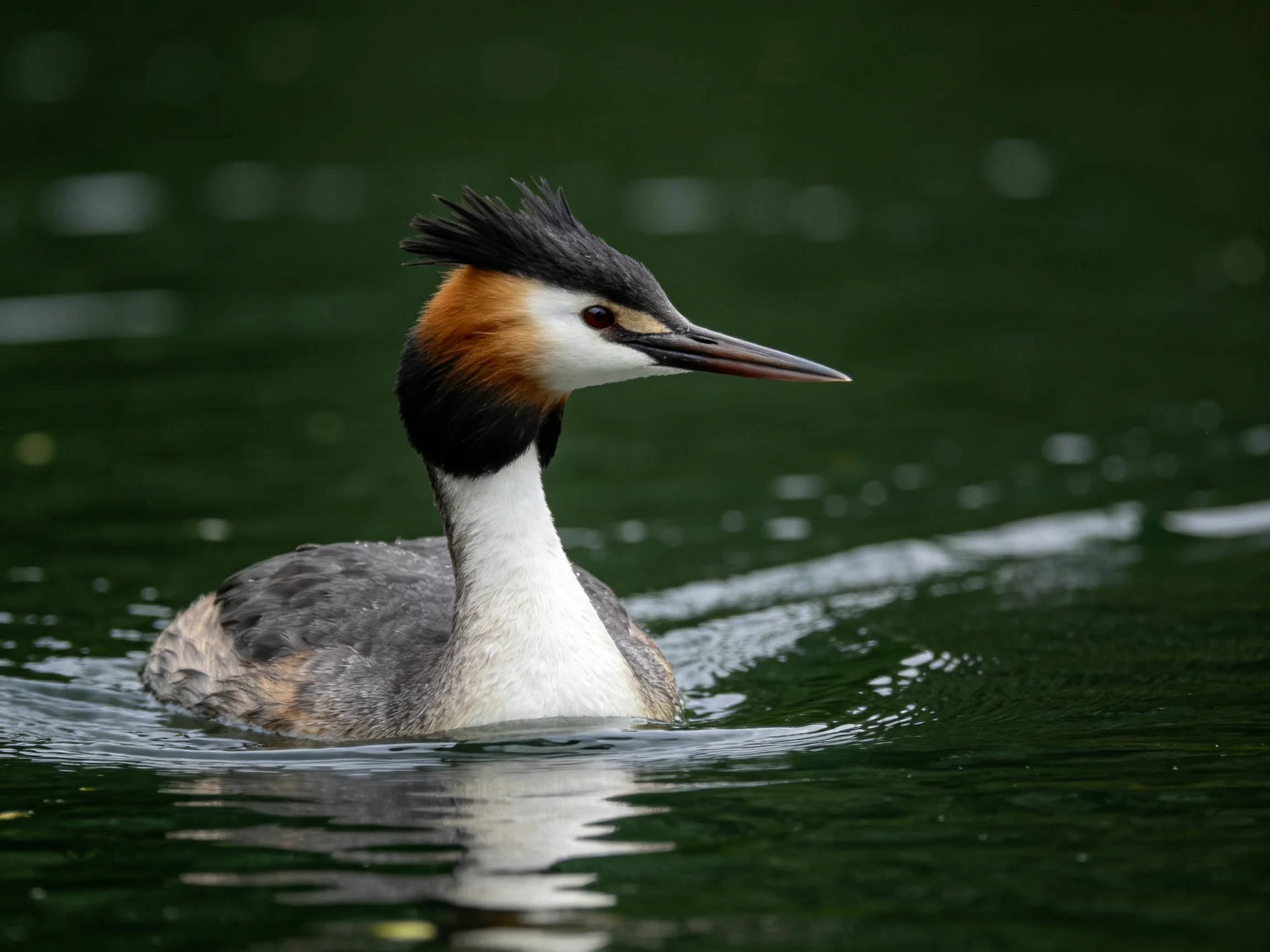 A crested grebe with a tall black crest swims in dark green water