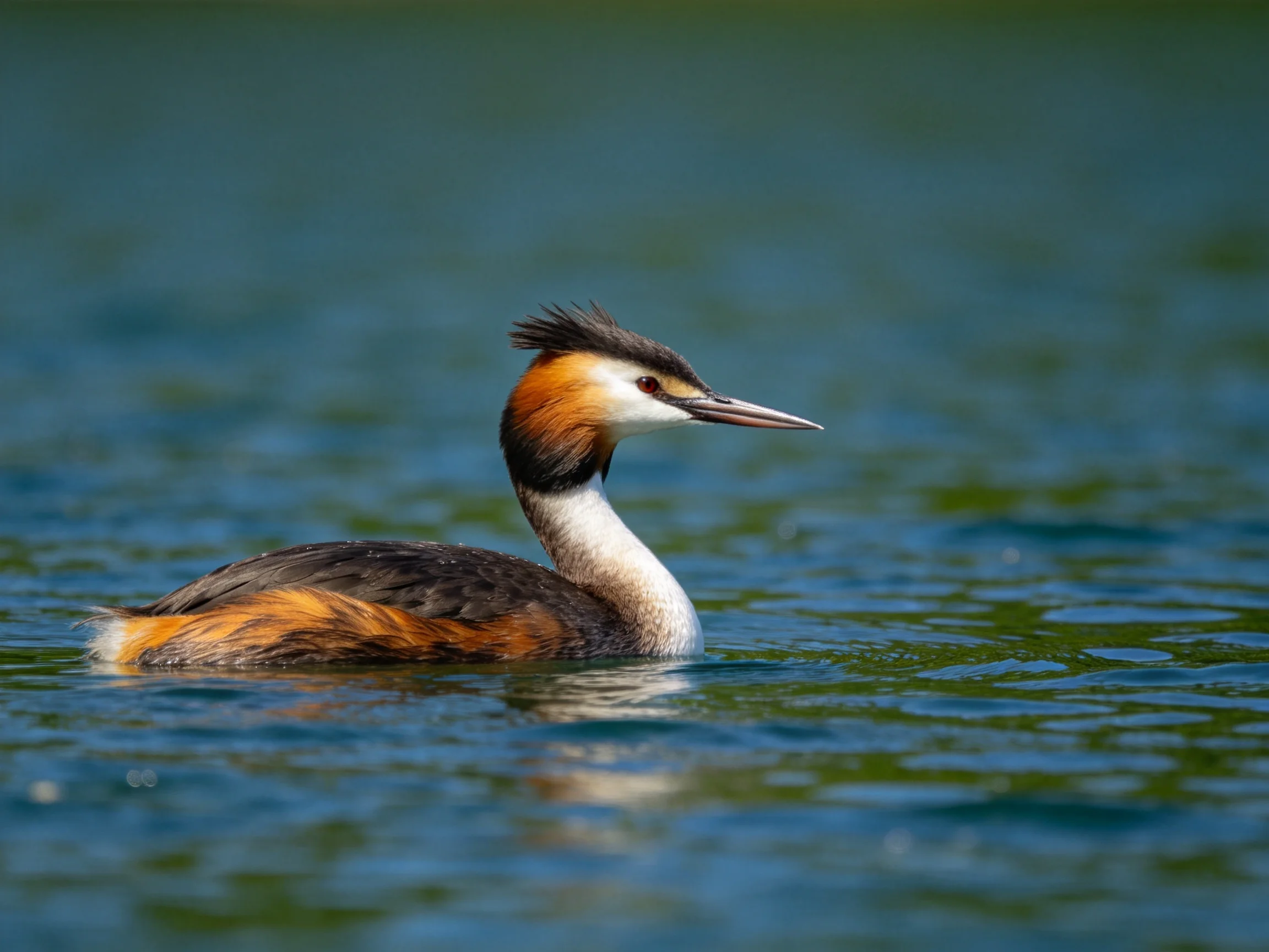 A crested grebe with brown, black, and white plumage floats in clear blue-green water.