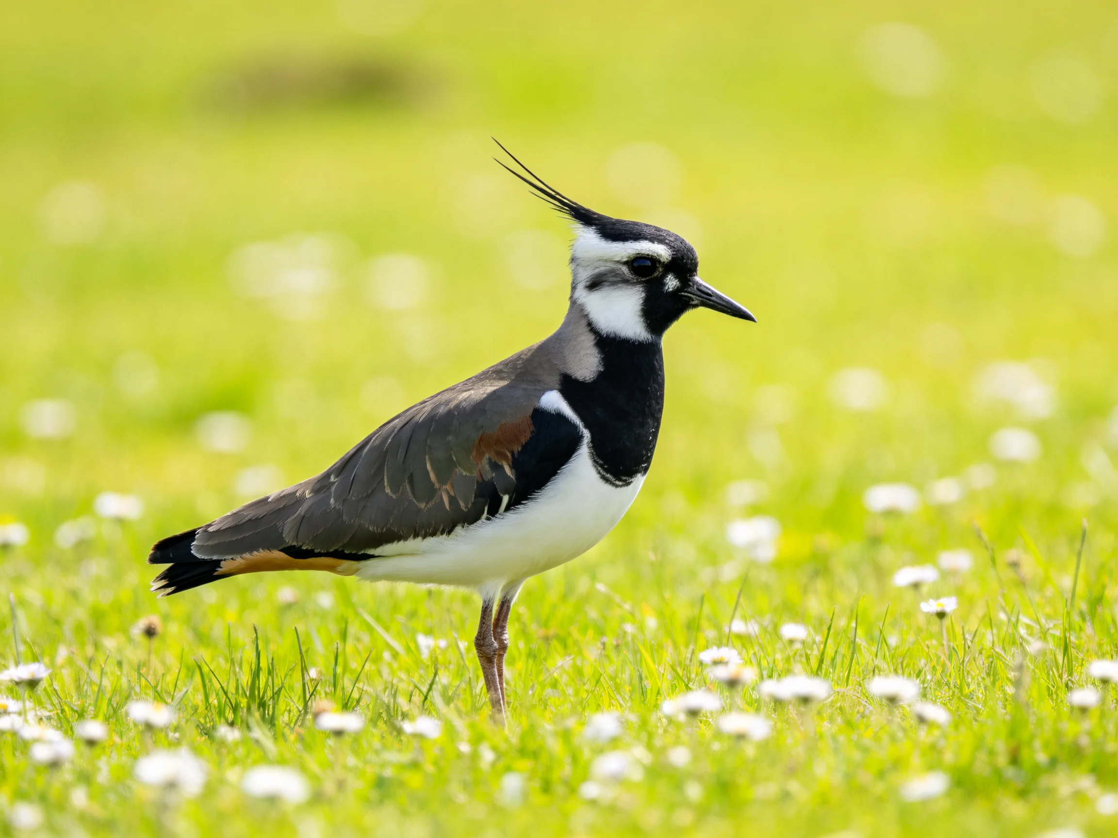 A crested lapwing with striking plumage on a green meadow