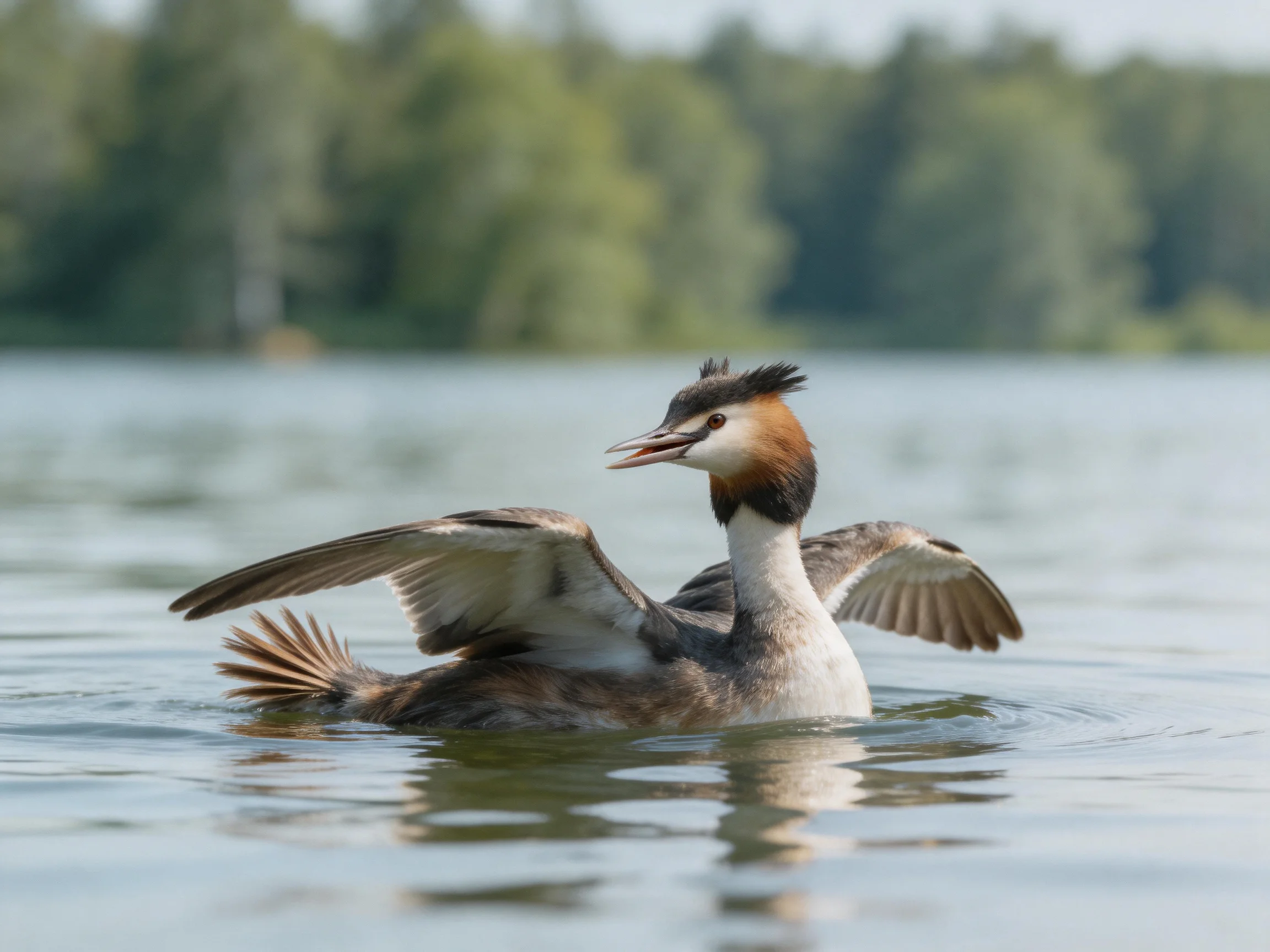 A crested waterbird spreading wings in calm lake waters
