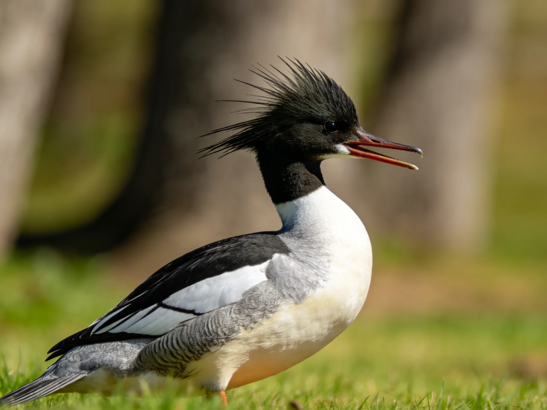 A crested waterbird with black, white, and gray plumage standing on grass
