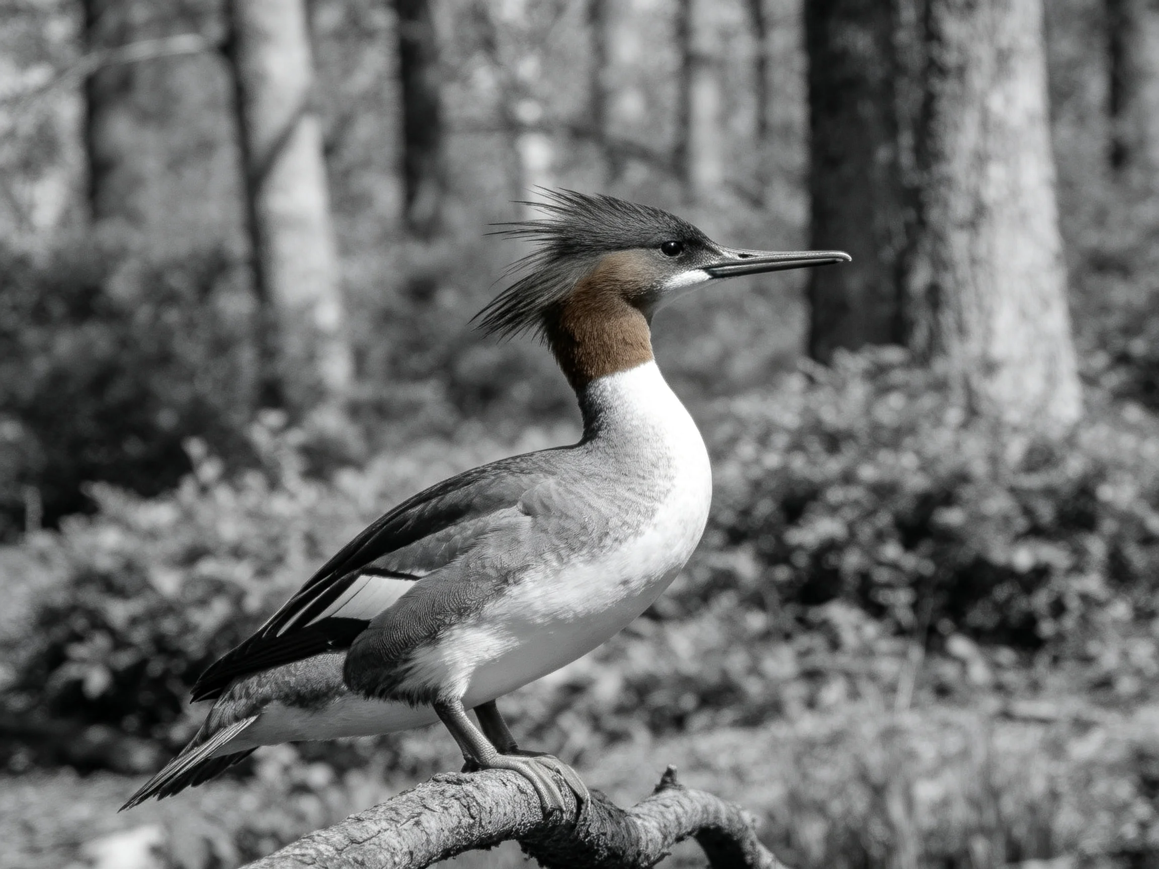 A crested waterfowl perched on a gnarled tree branch in monochrome