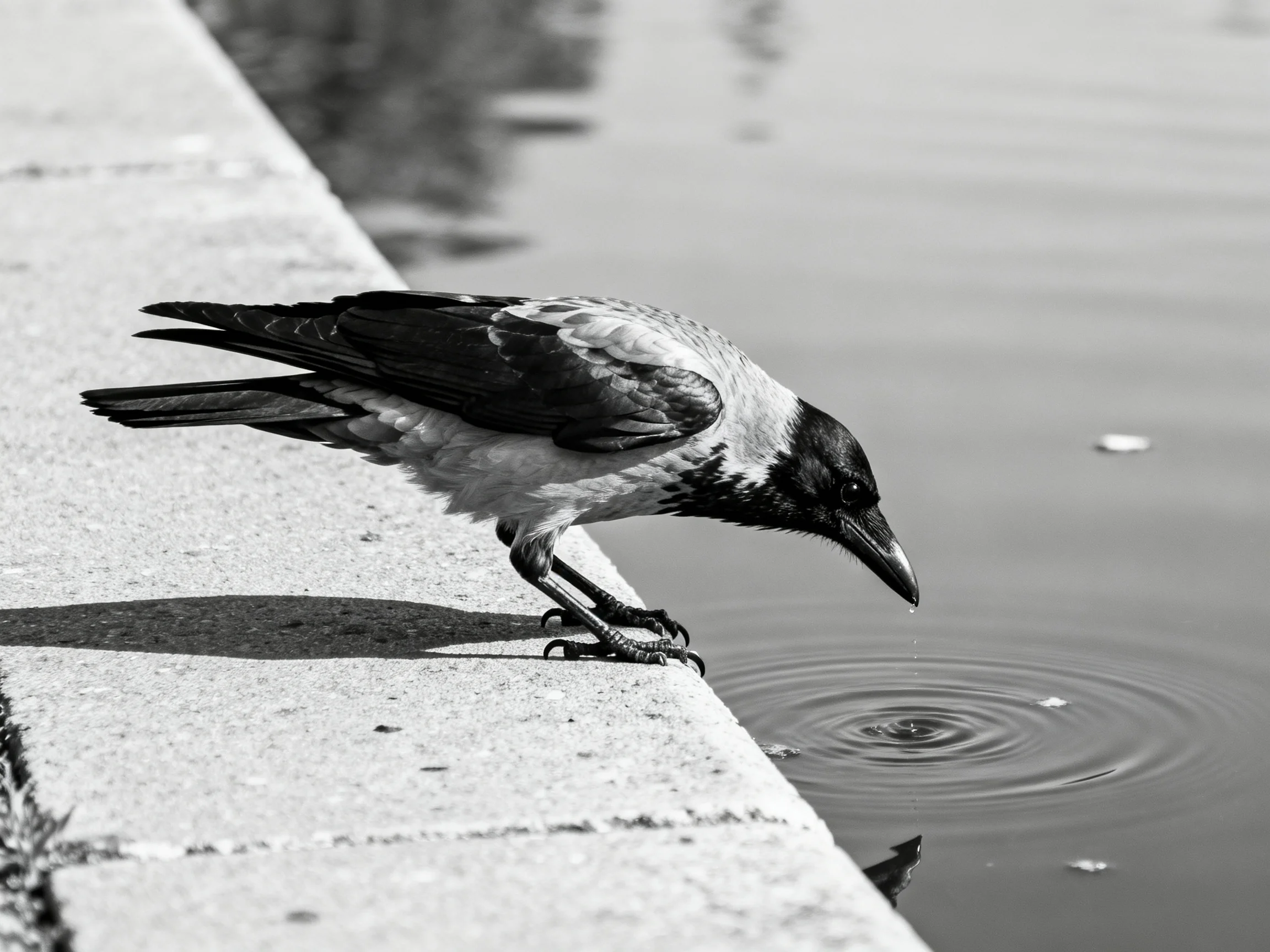 A crow perched on a concrete edge drinking from calm water