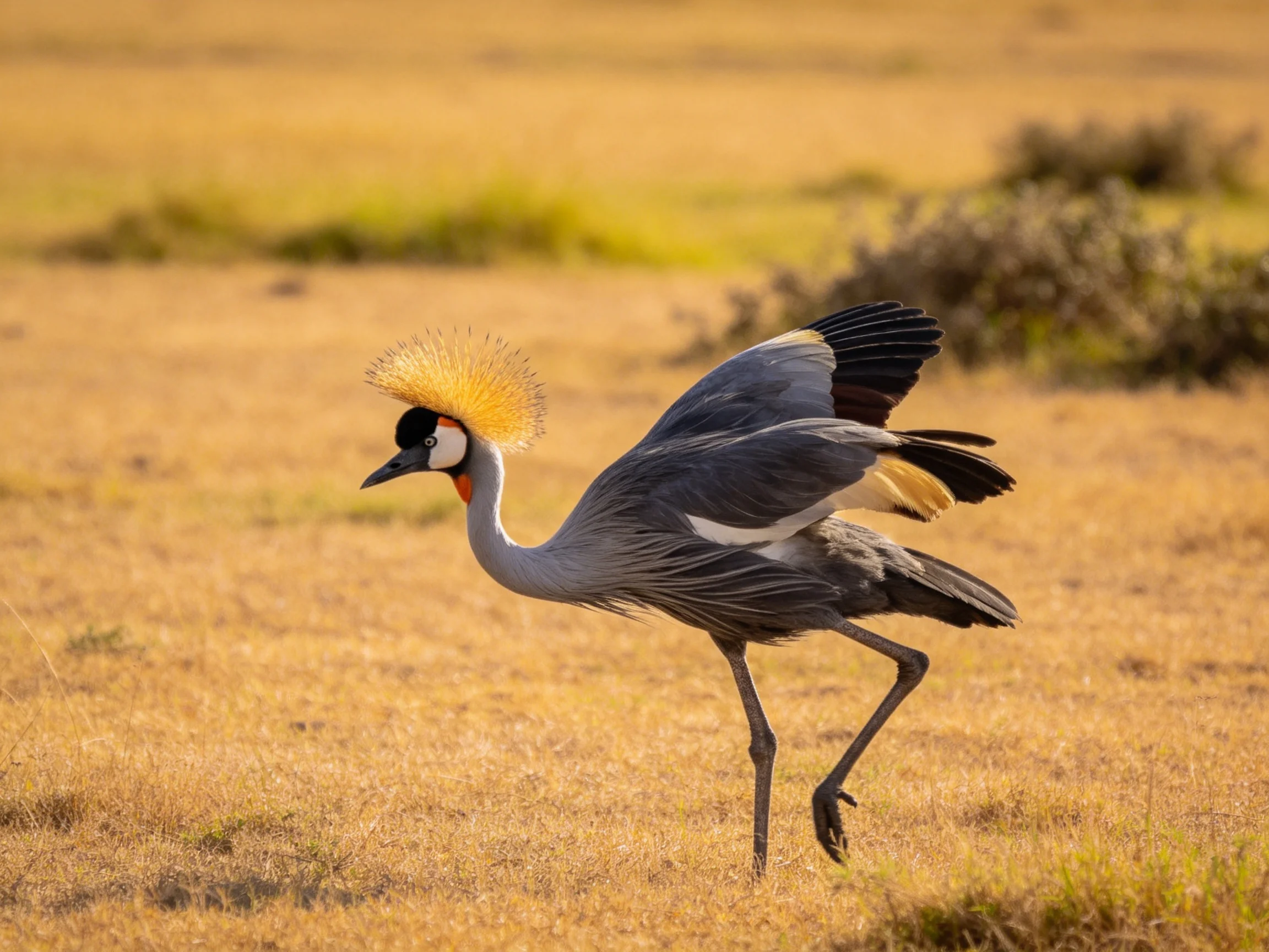 A crowned crane with golden crest and gray plumage