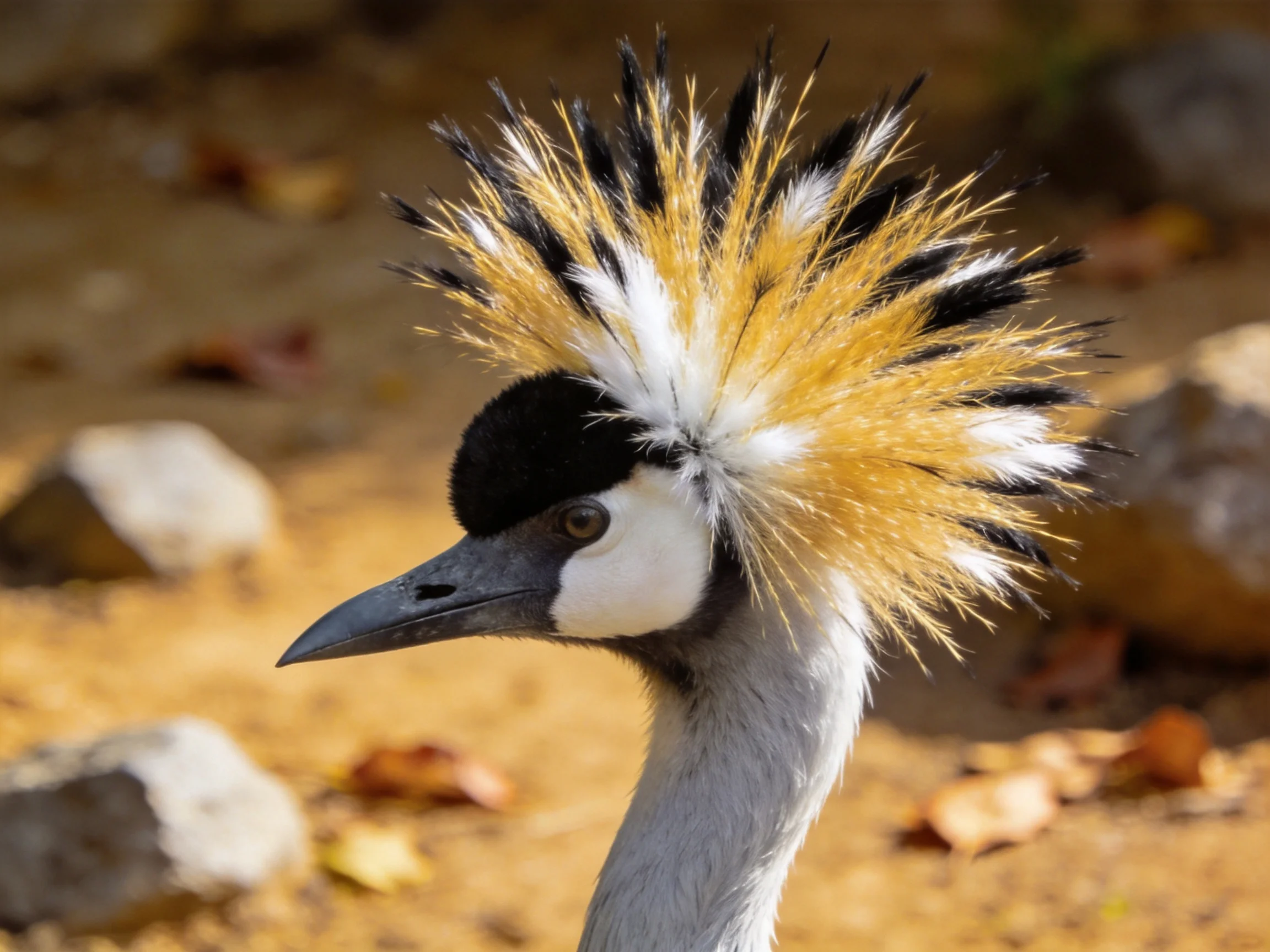 A crowned crane with vibrant golden, black, and white plumage