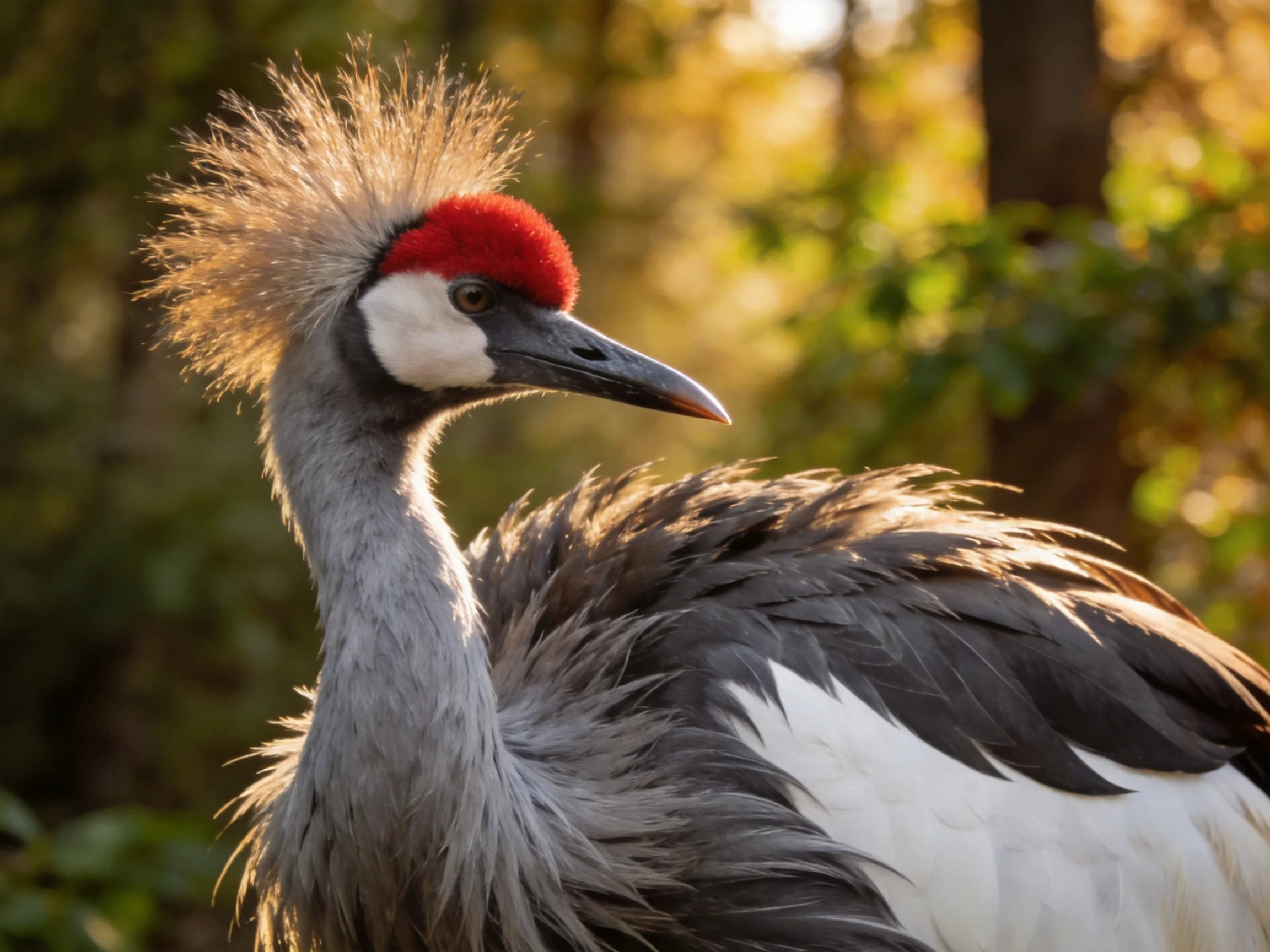 A crowned crane featuring a red head is featured in a natural woodland setting.