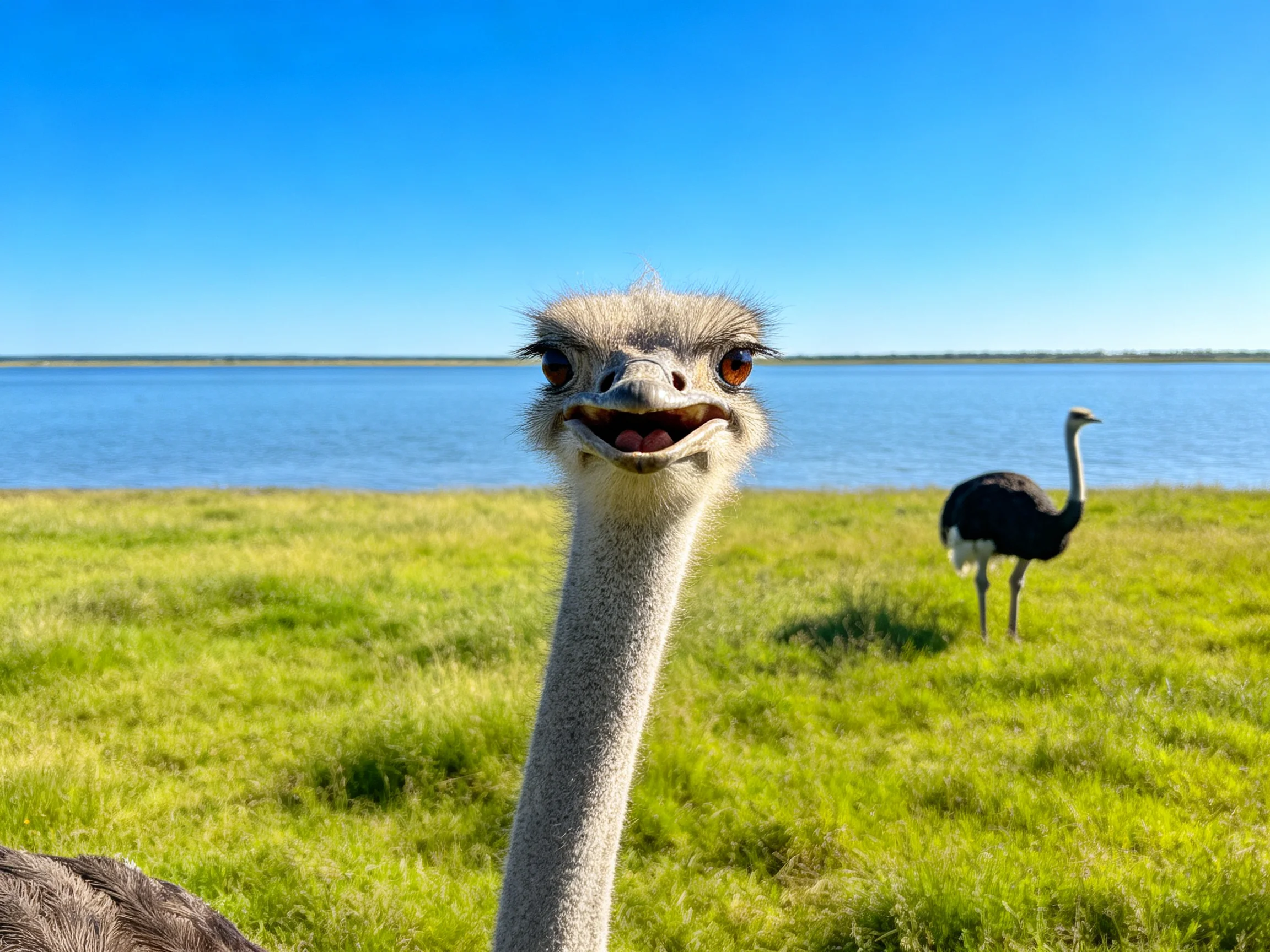 A curious ostrich up close with companion near calm lake and green meadow