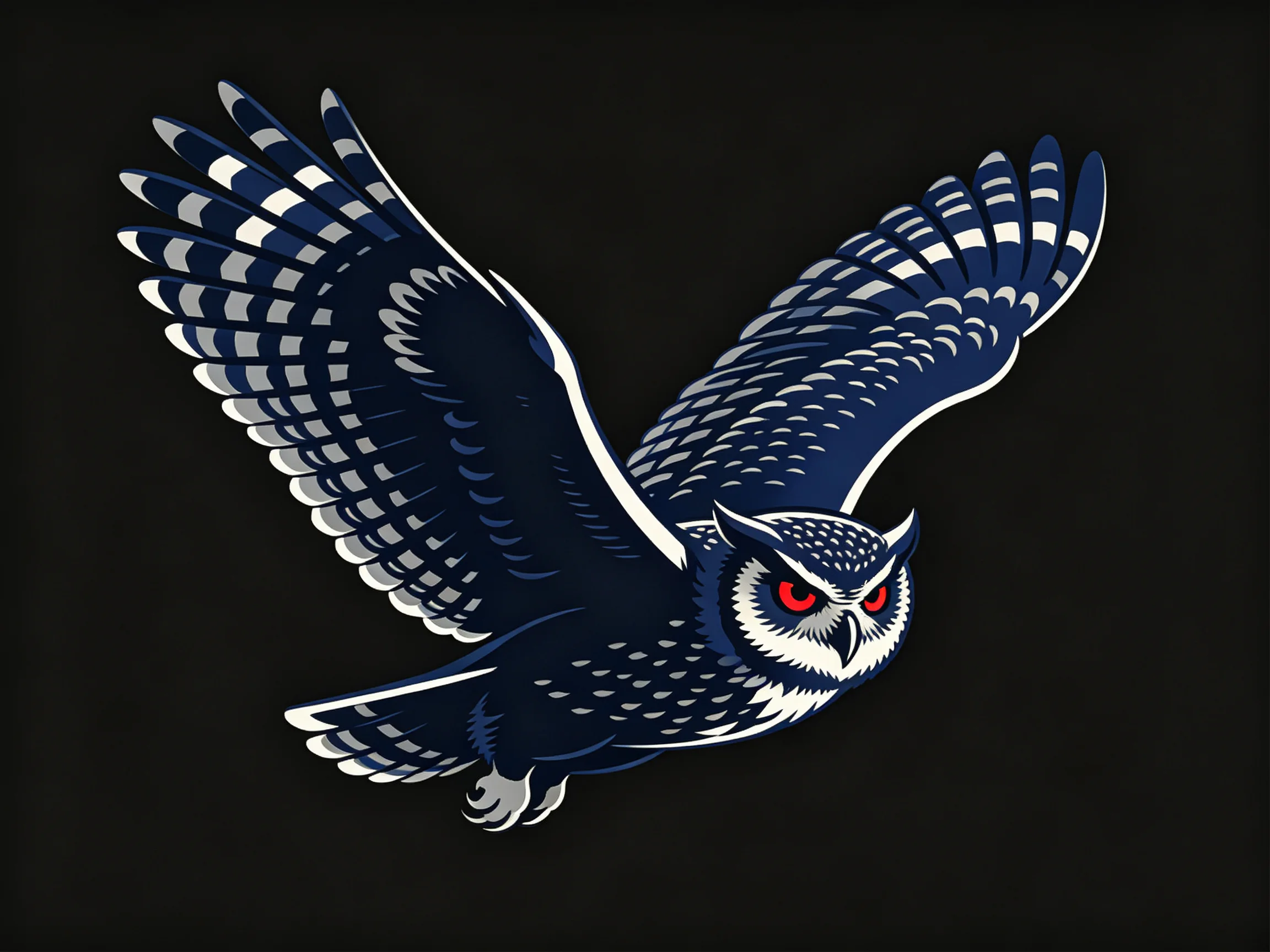 A dark blue and white owl with red eyes flies against a black background