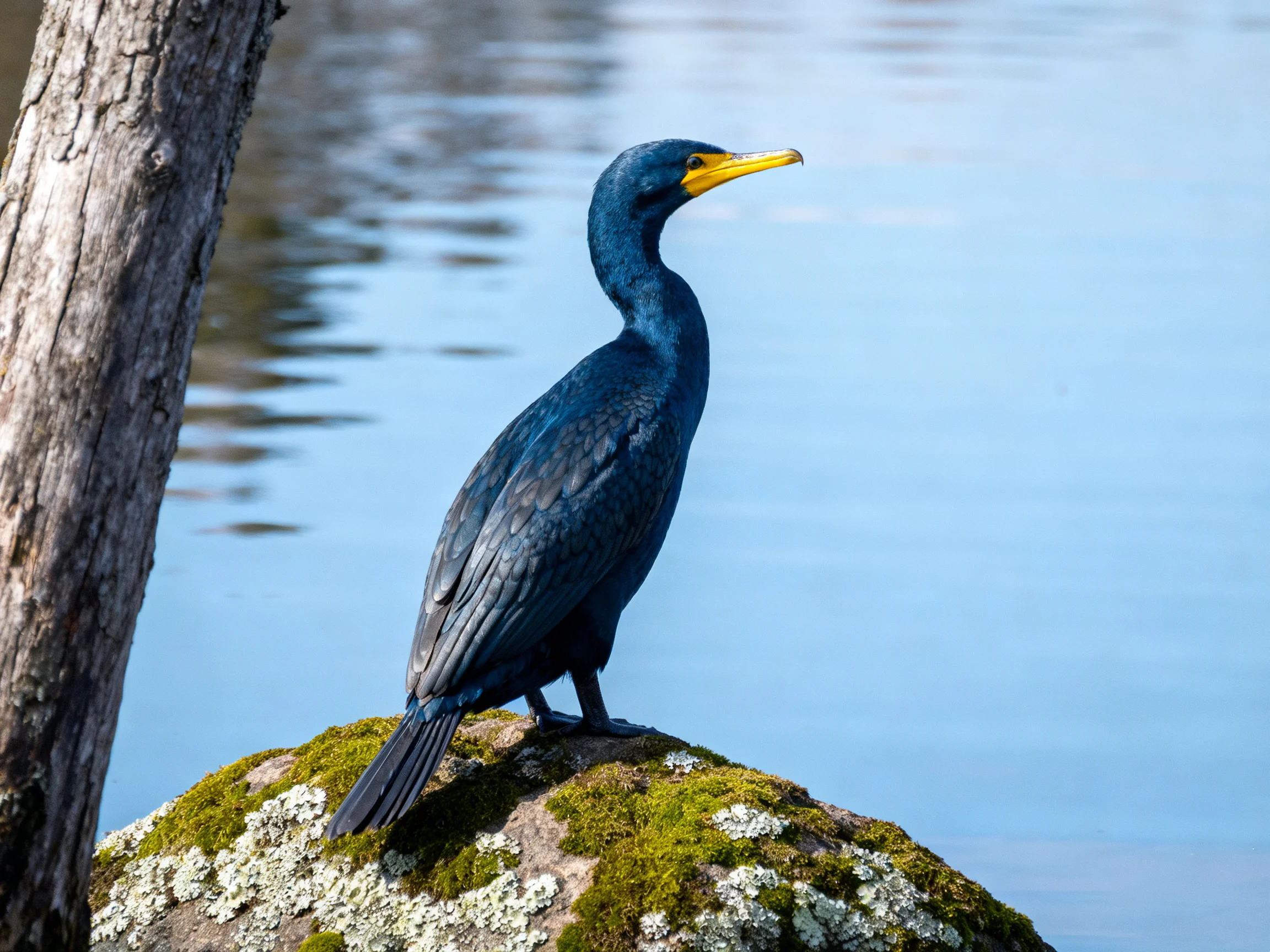 A dark blue cormorant perches on a mossy rock by calm water