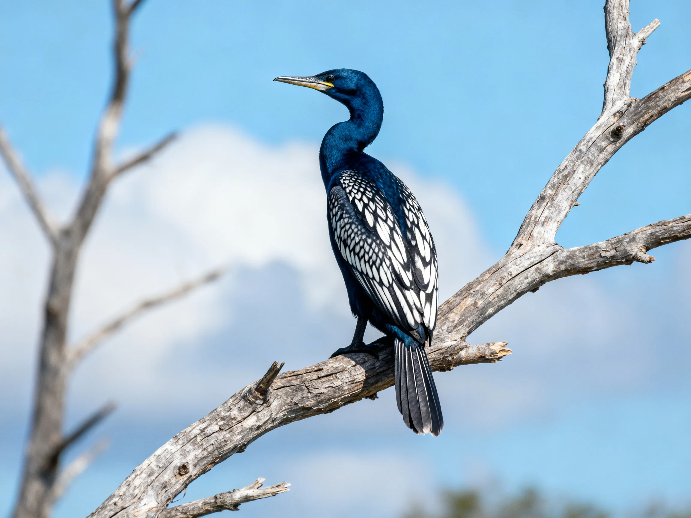 A dark blue cormorant perches on a weathered gray branch