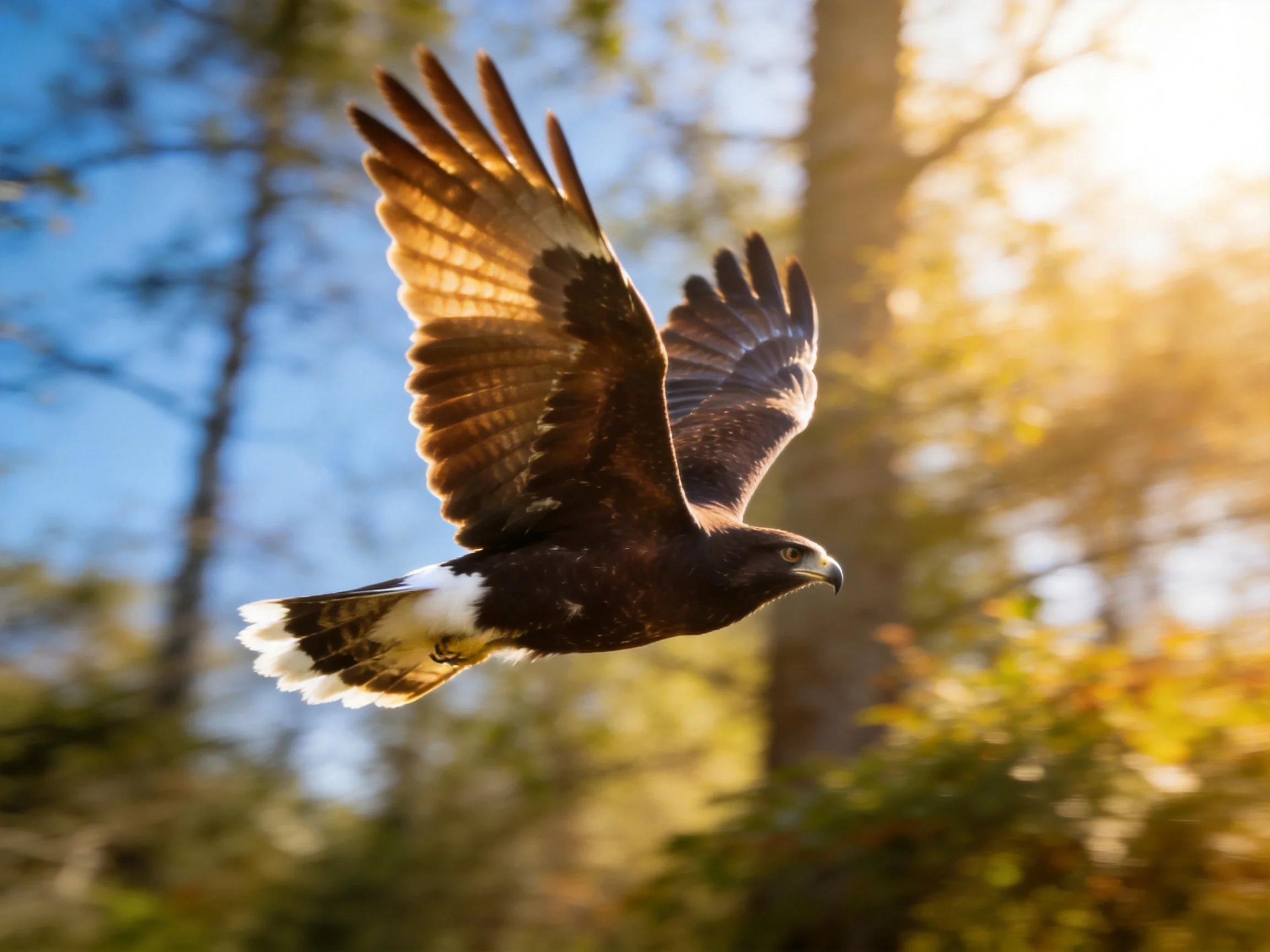 A dark brown and white hawk soaring through sunlit forest