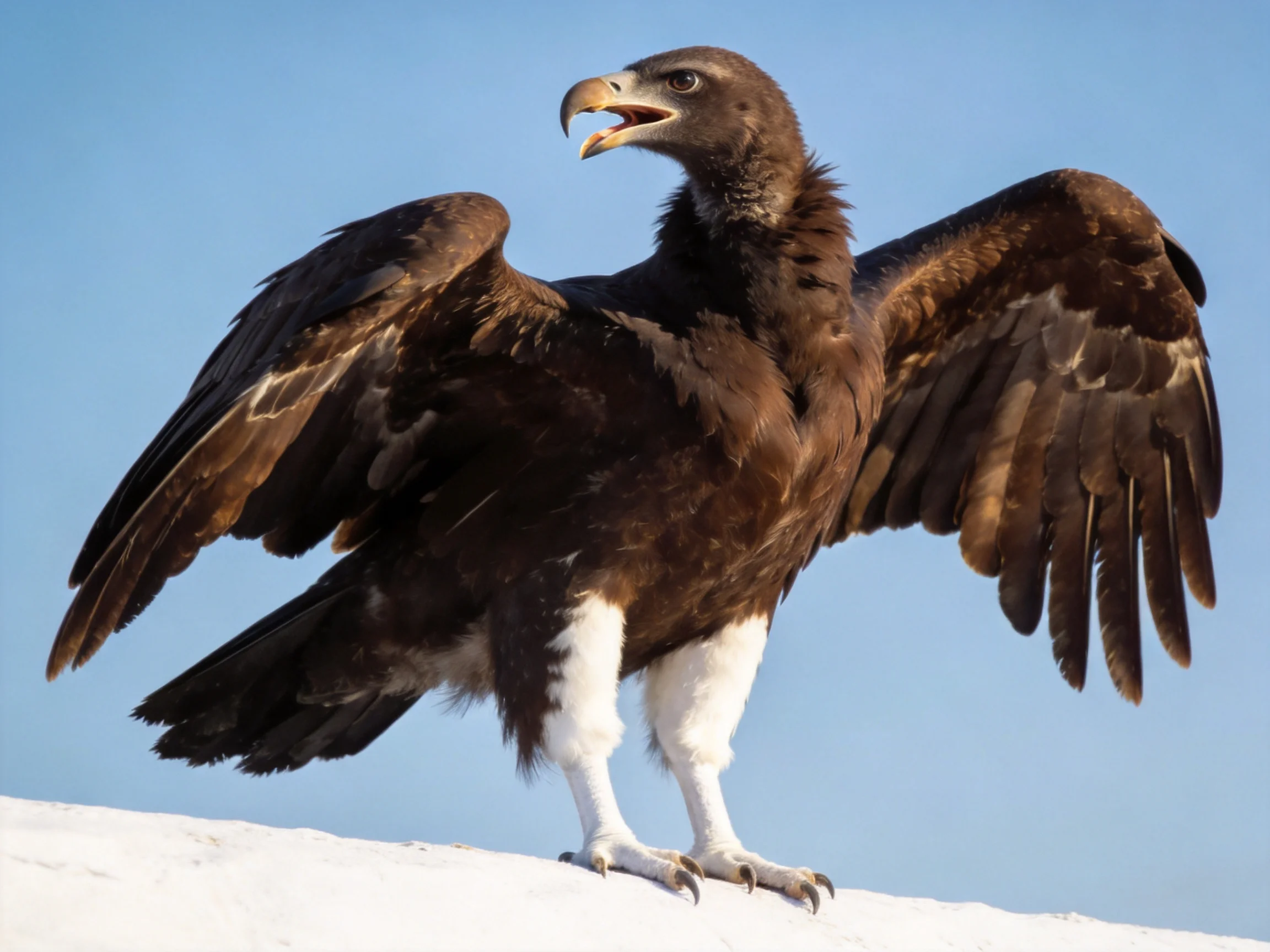 A dark brown bird spreads wings on a snowy surface