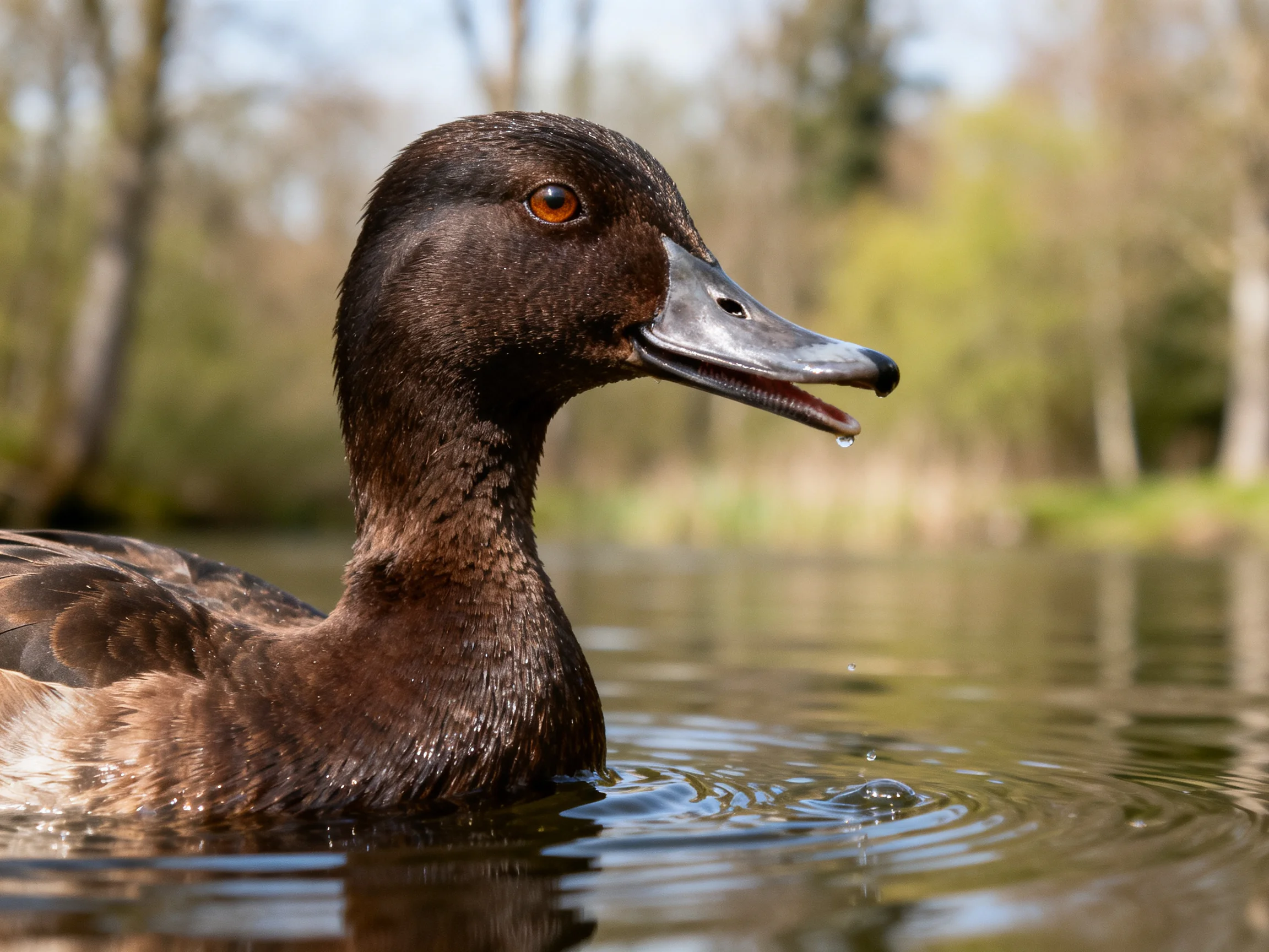 A dark brown duck swims gracefully in calm water near trees