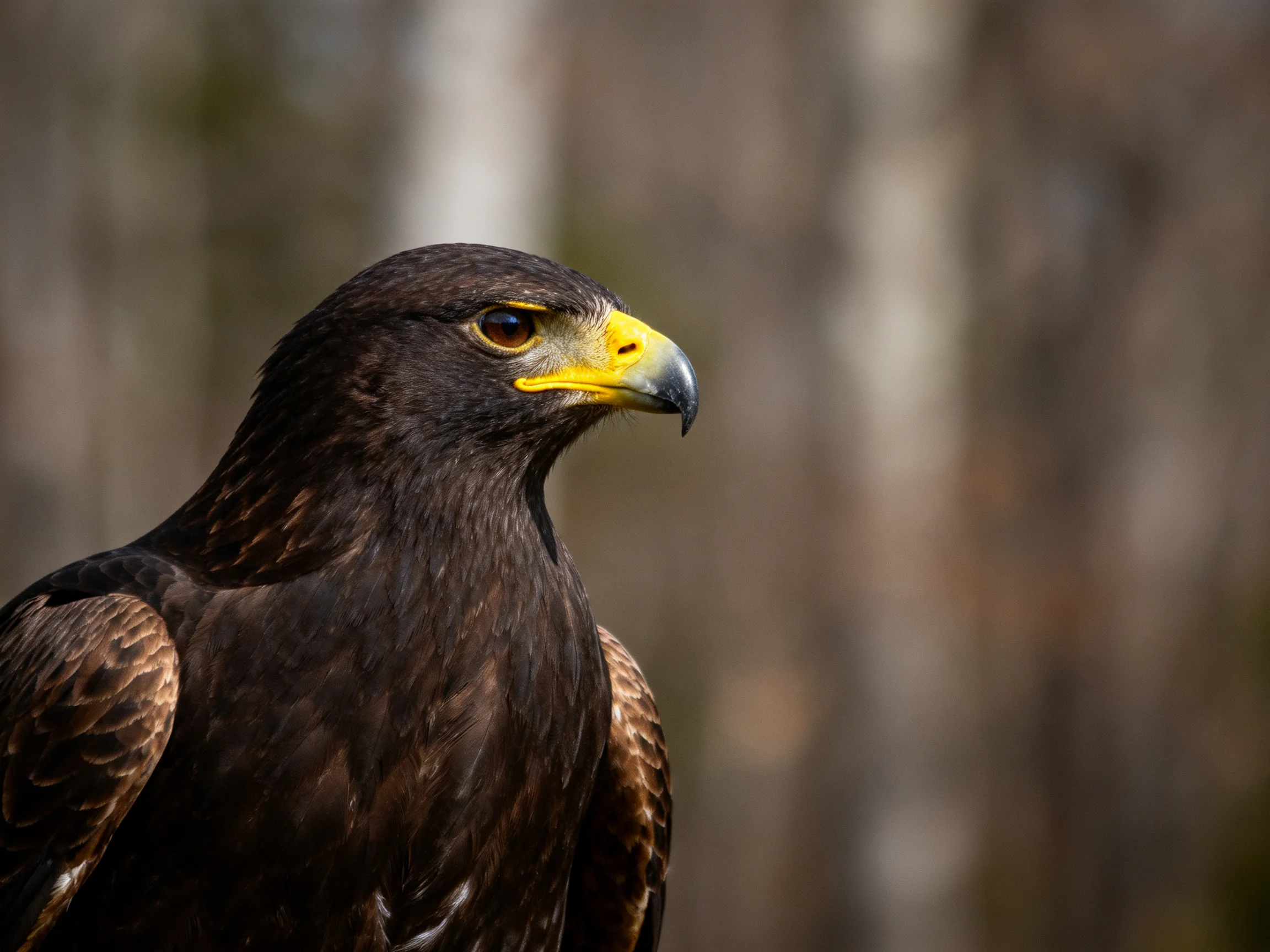 A dark brown raptor with bright yellow beak