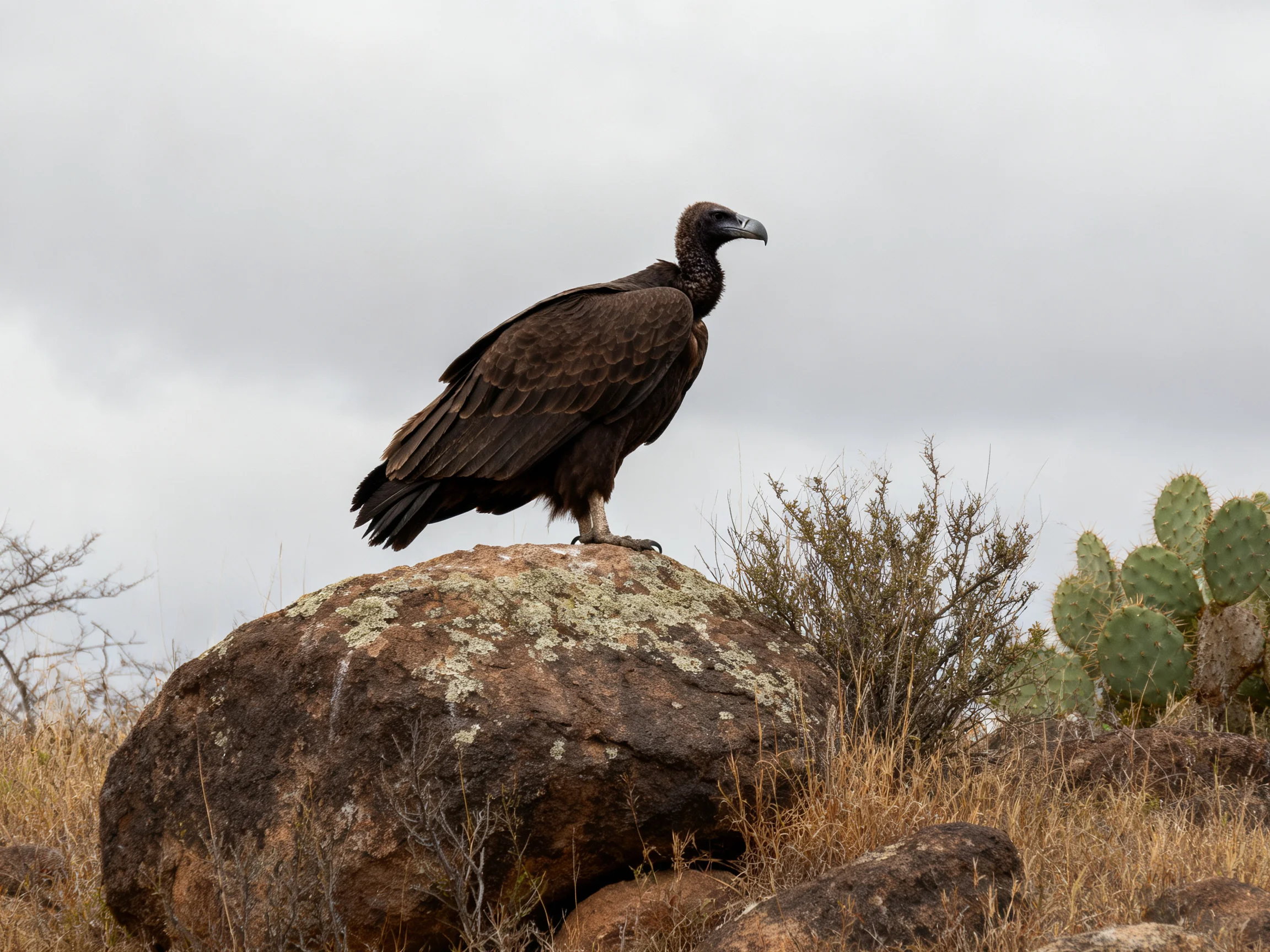 A dark brown vulture perches on a lichen-covered rock in desert surroundings