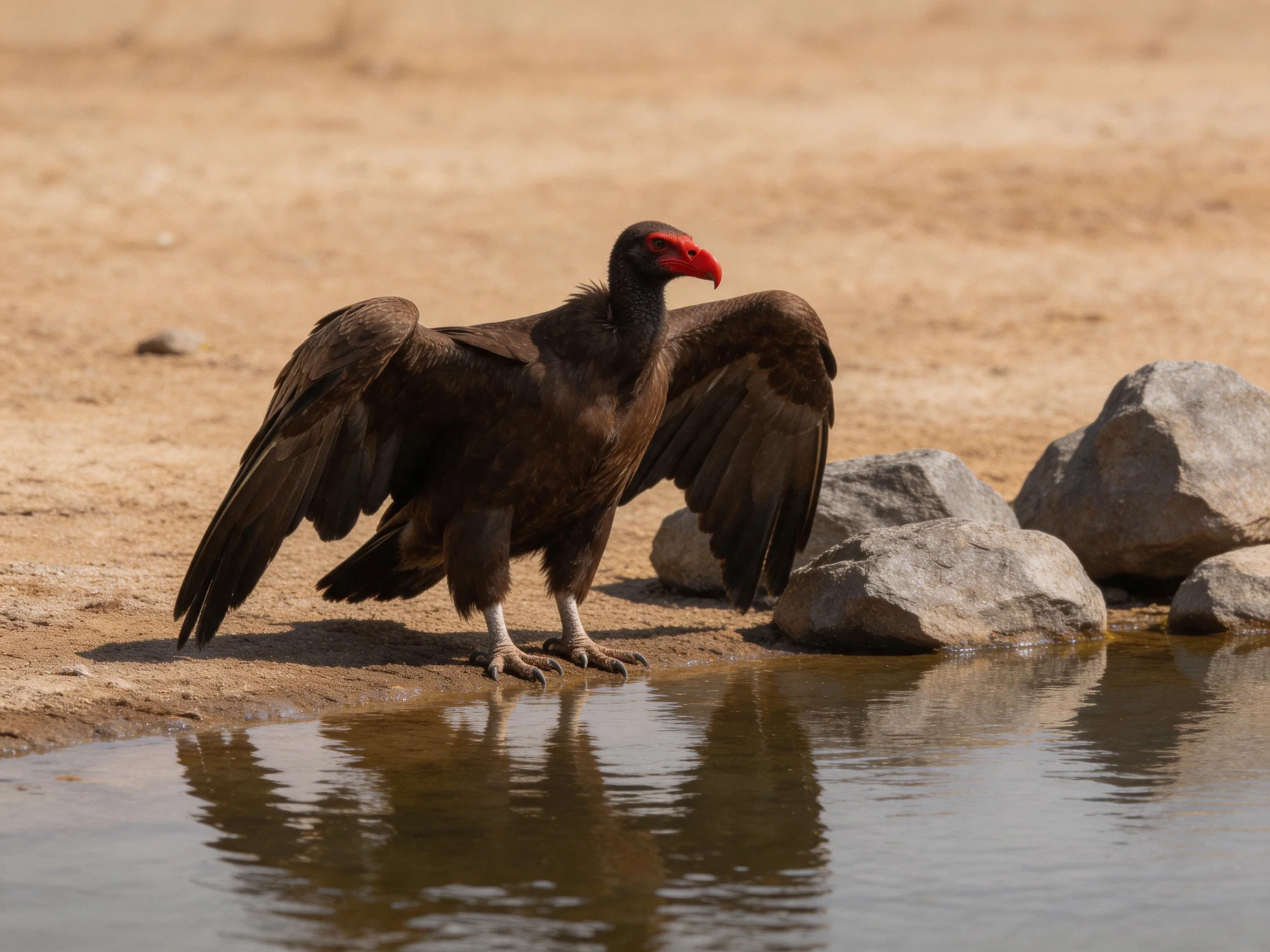 A dark brown vulture with red beak near rocky water edge