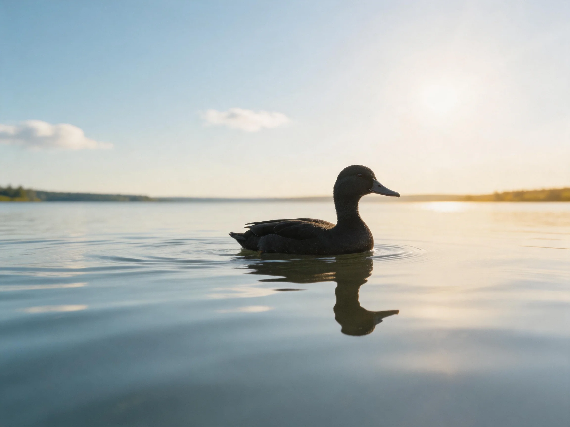 A dark duck floats on serene water beneath sunny skies