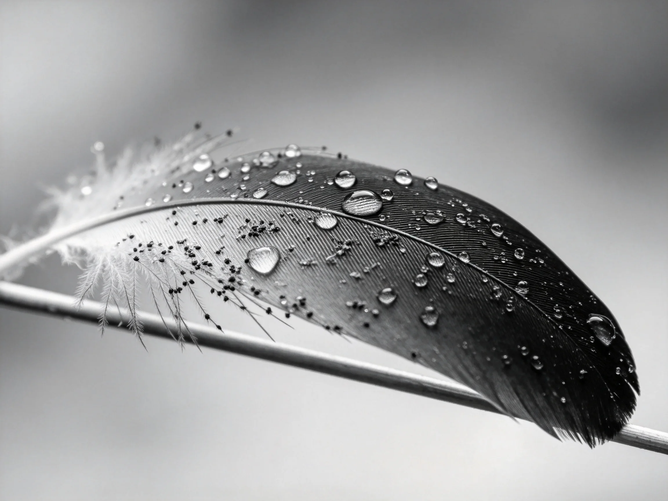 A dark feather covered in water droplets, captured in monochrome.
