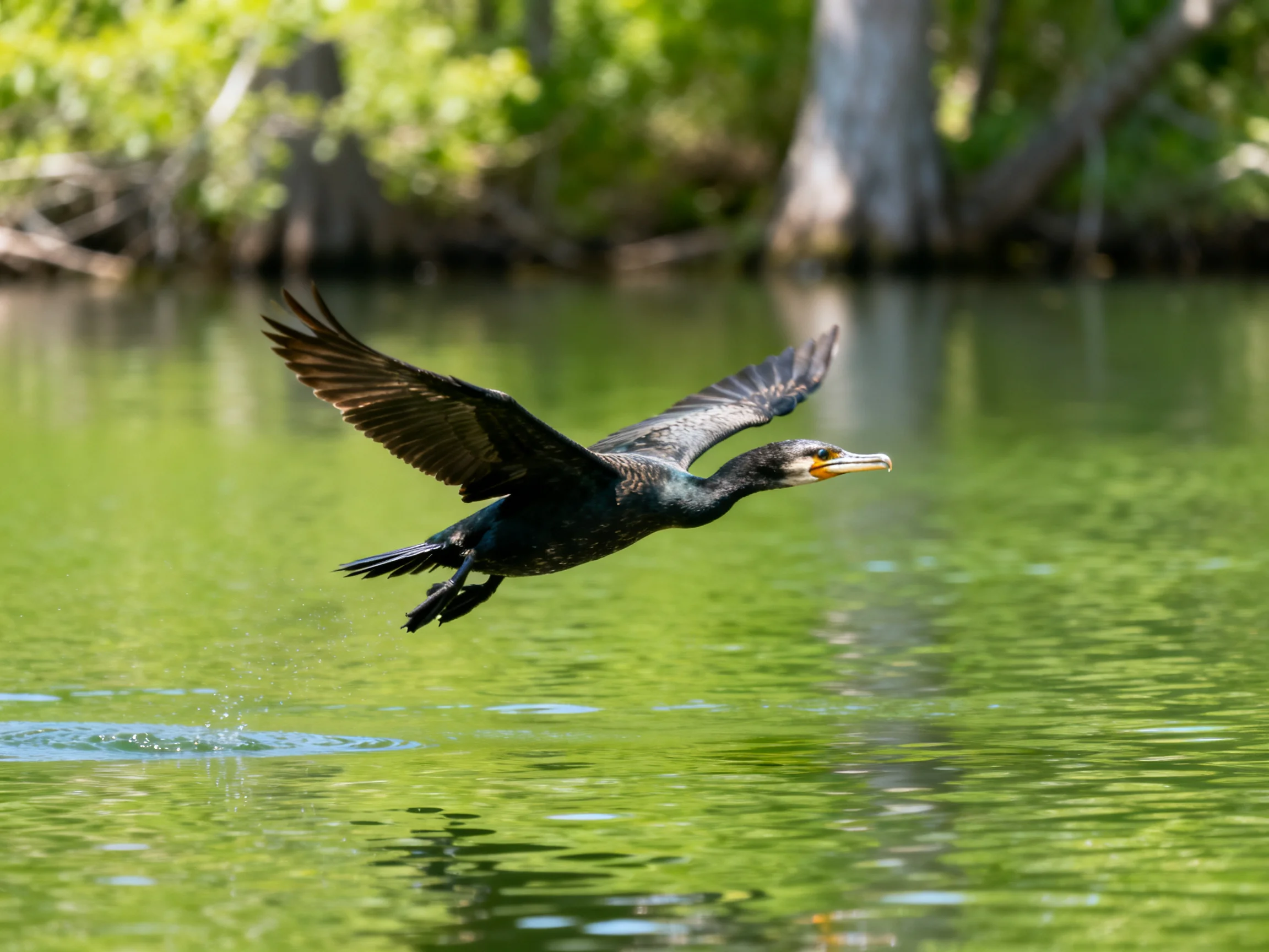 A dark-feathered bird gliding low over reflective green water