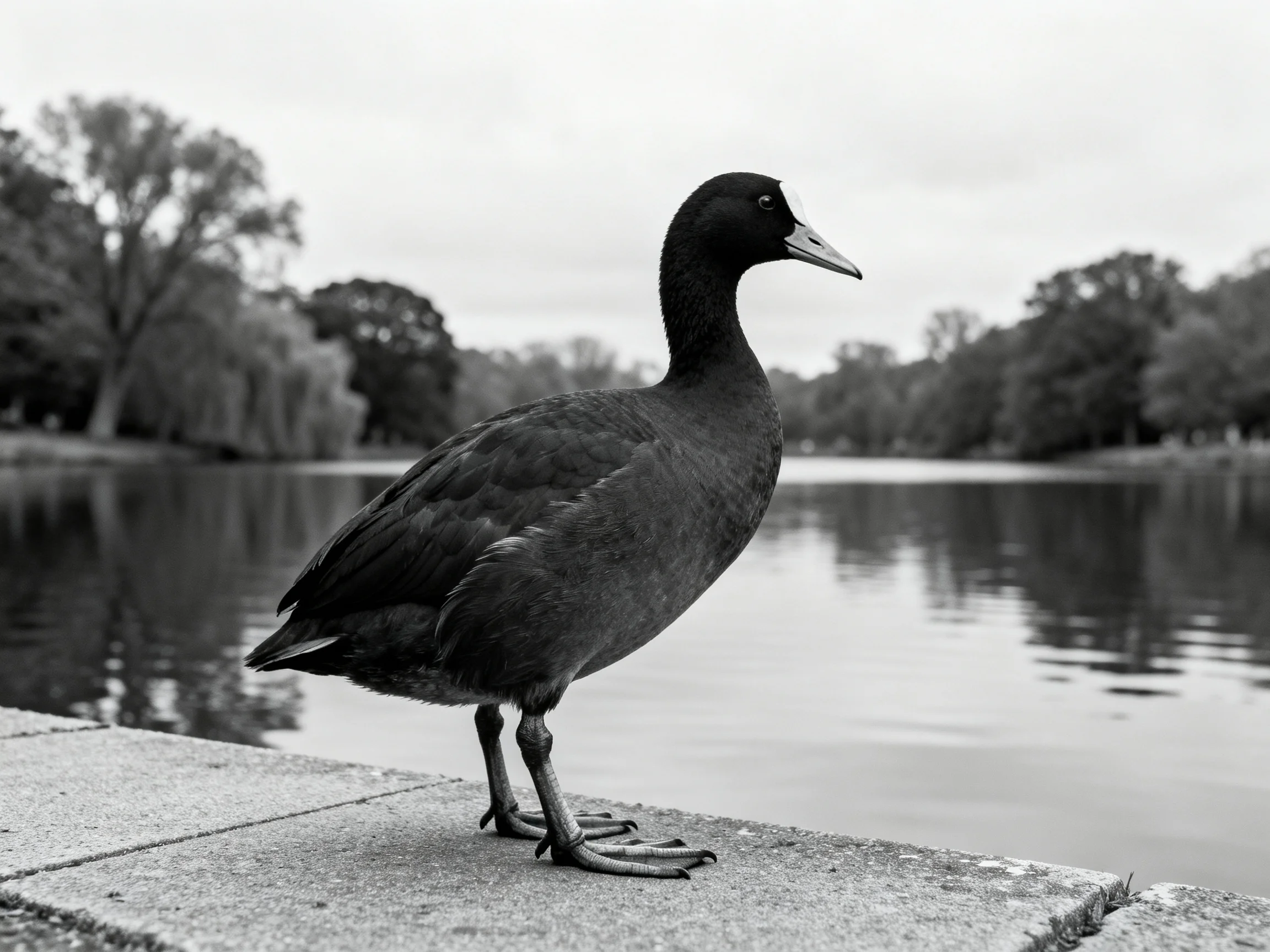 A dark-feathered bird perched on a stone ledge by calm waters