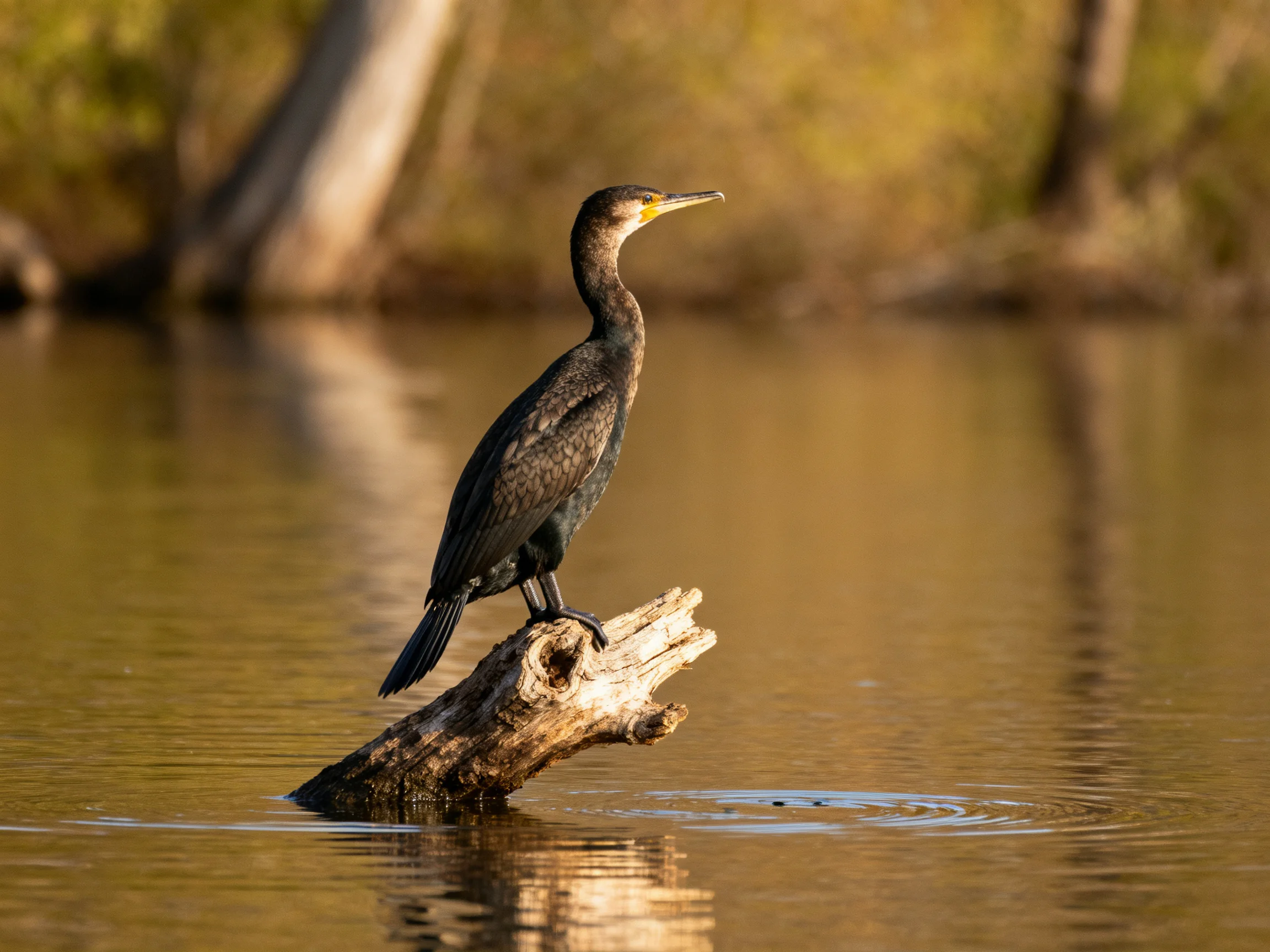 A dark-feathered bird perched on a weathered log in calm water