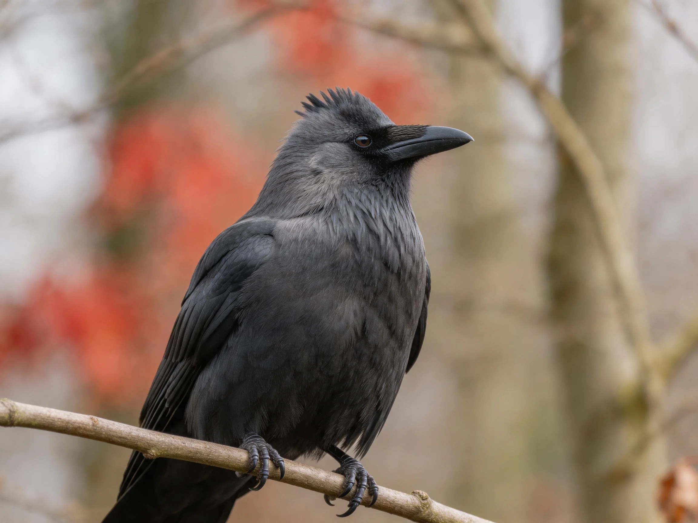 A dark-feathered bird with a spiky crest perches on a thin branch