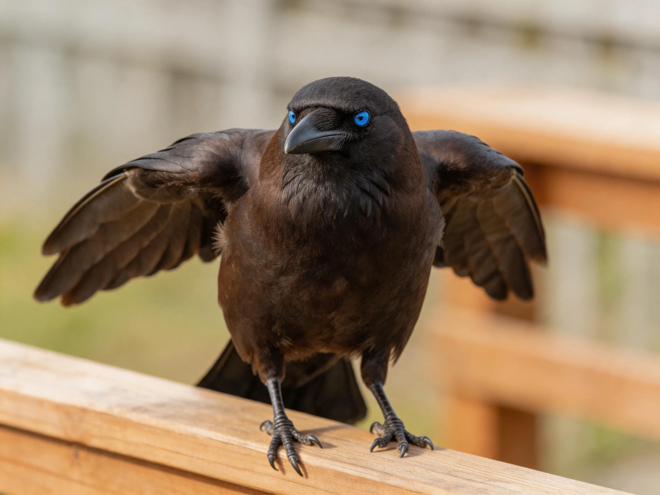 A dark-feathered bird with bright blue eyes spreads wings on wood
