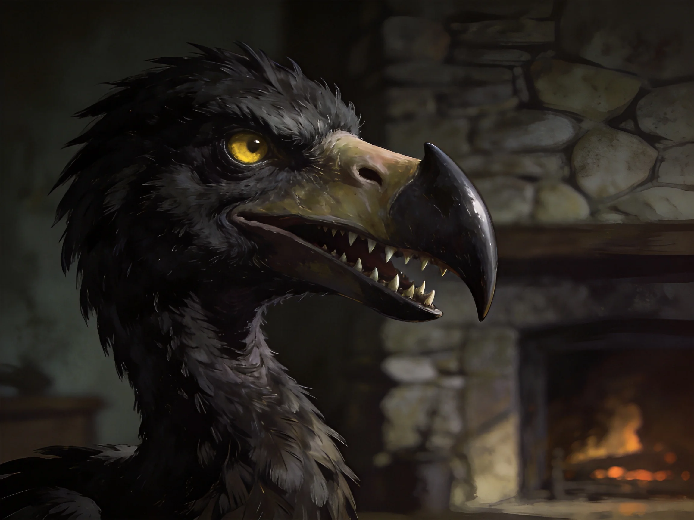 A dark-feathered, bird with sharp beak near stone fireplace