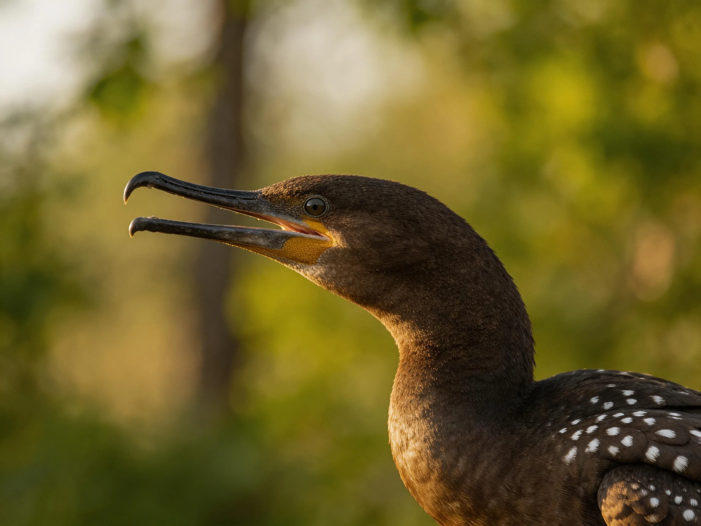 A dark-feathered cormorant with white-spotted wings