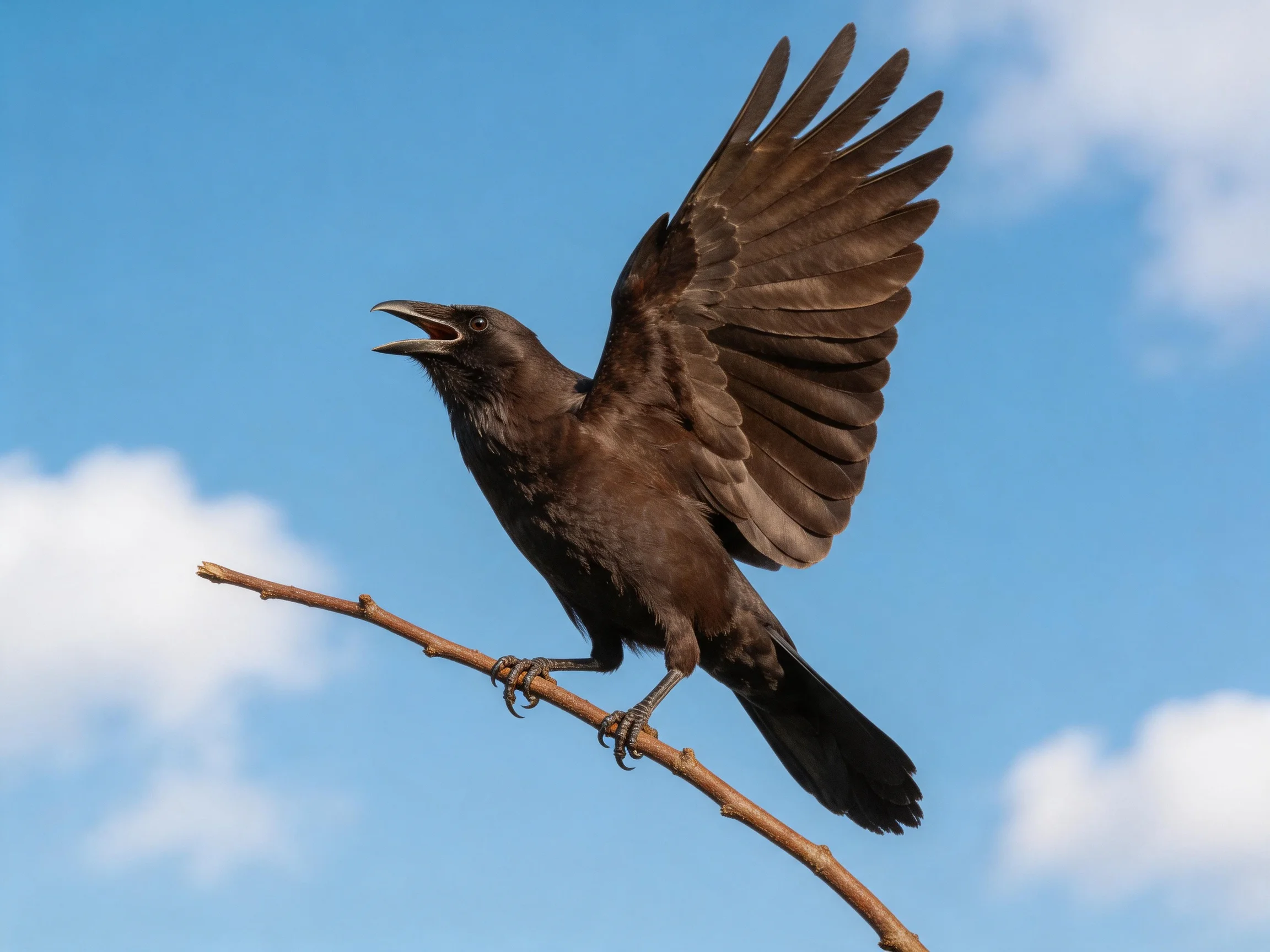 A dark-feathered crow spreads wings while perched on a thin branch against a bright blue sky.