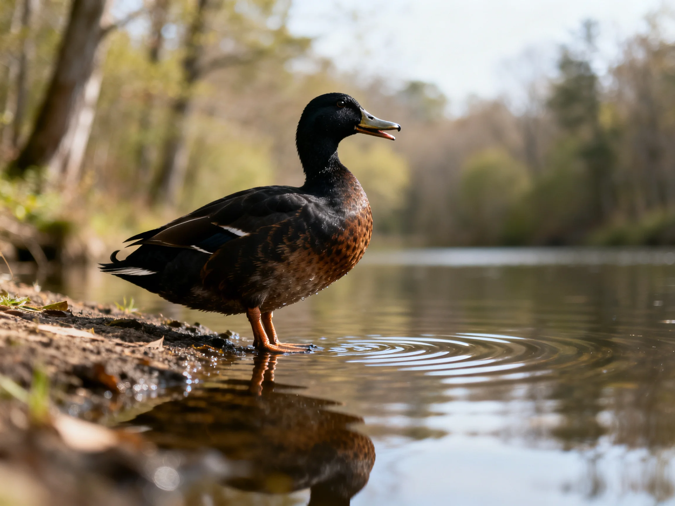 A dark-feathered duck with brown chest stands by a calm riverbank