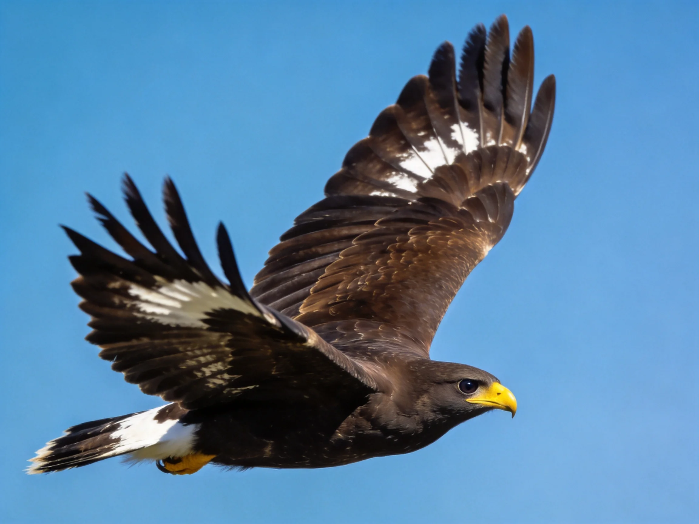 A dark-feathered raptor flies with white wing patches