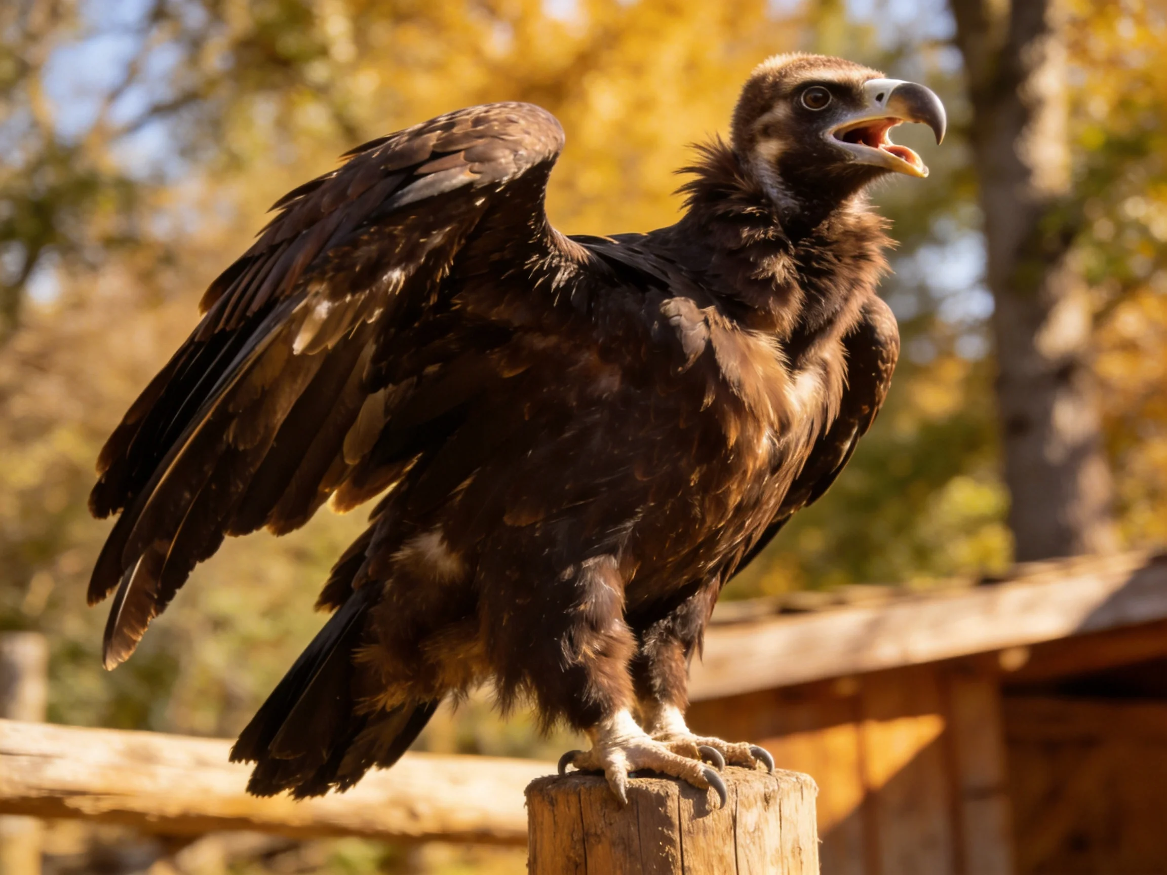 A dark-feathered raptor perches on a wooden post amid golden foliage