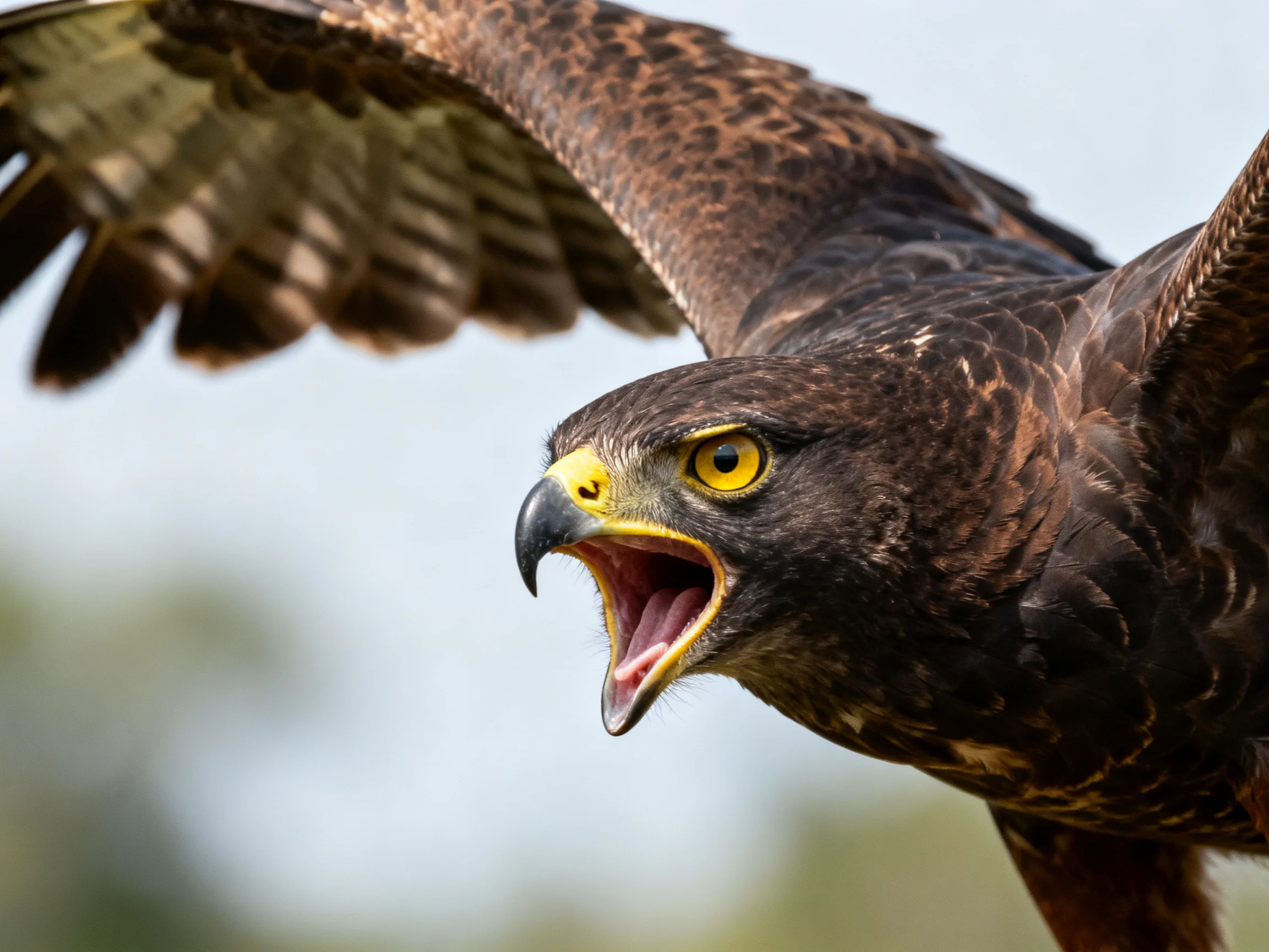 A dark-feathered raptor spreads wings mid-flight