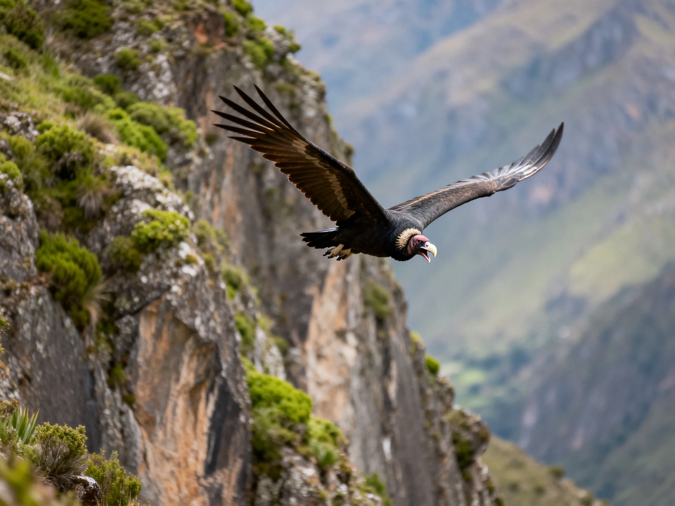 A dark-feathered vulture flies over rocky cliffs