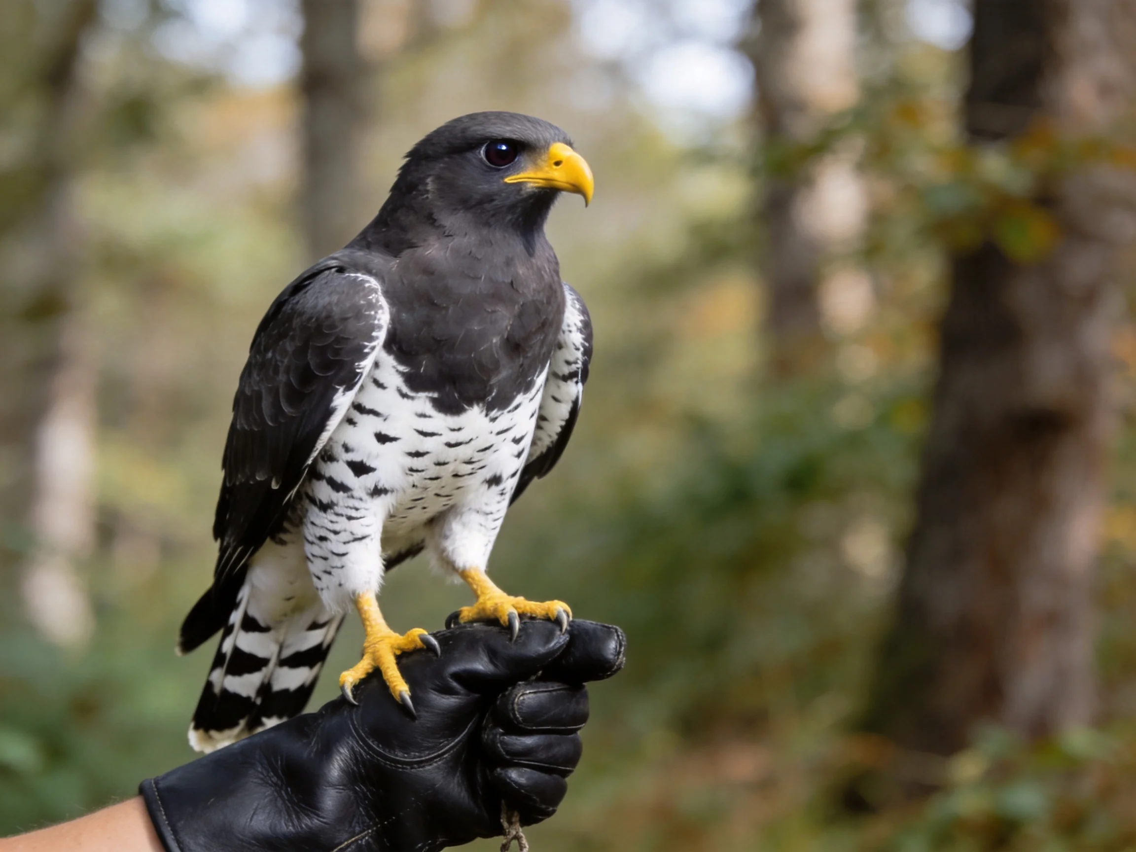 A dark gray and white raptor with yellow talons