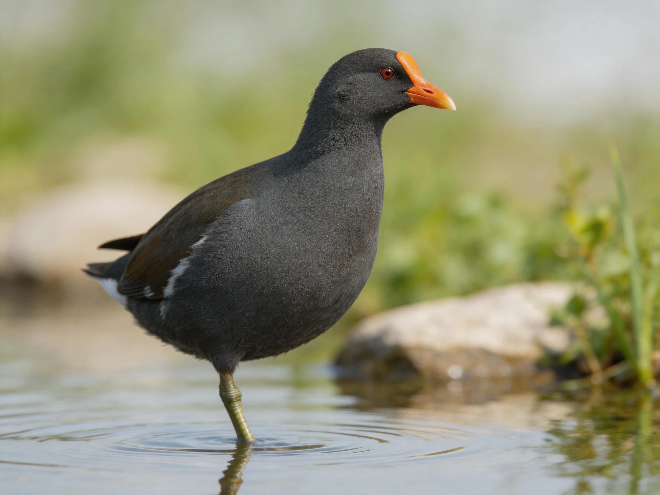 A dark gray bird with an orange beak stands in shallow water near rocks