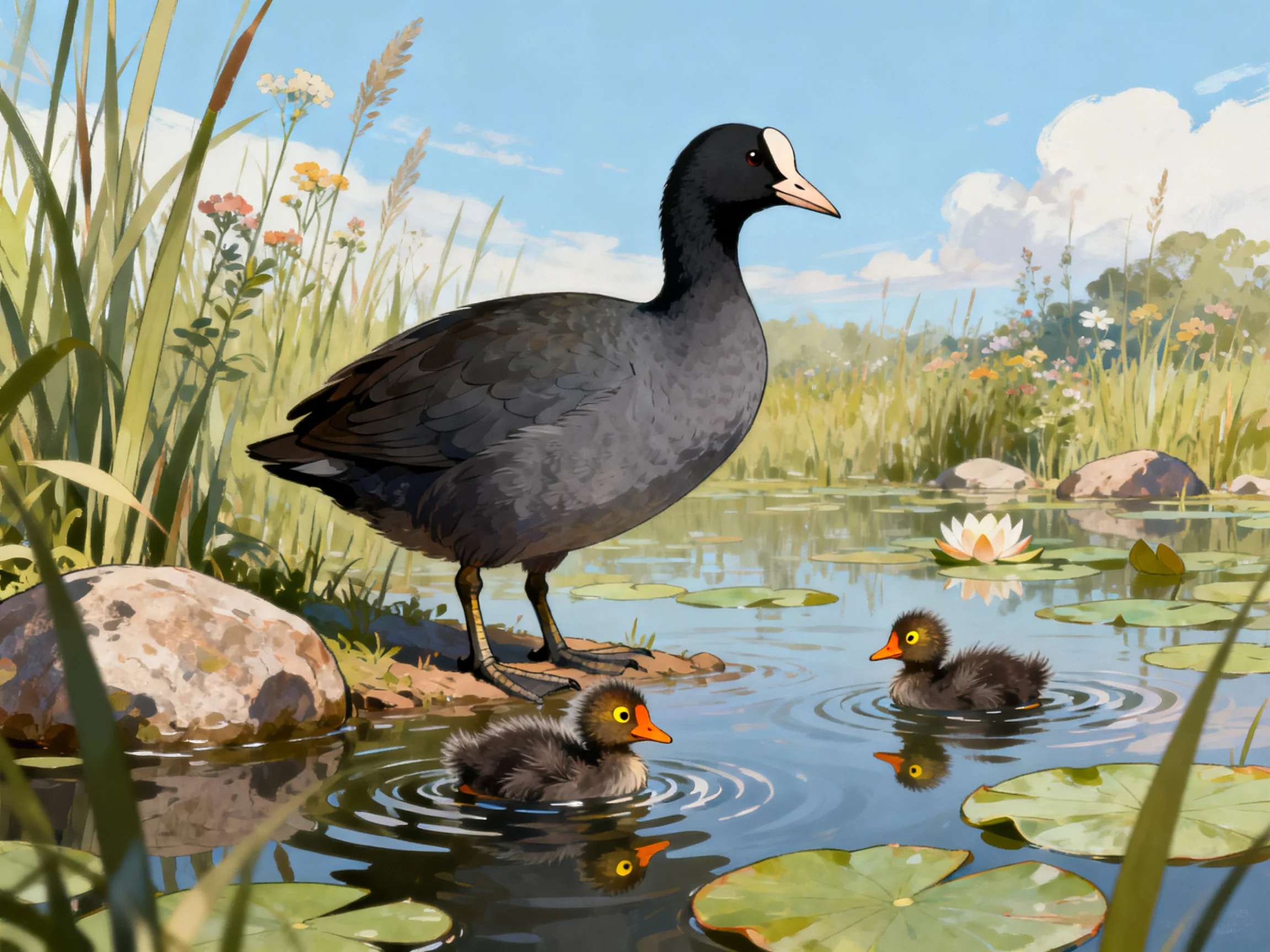 A dark gray bird with white facial patch stands by a pond with two ducklings
