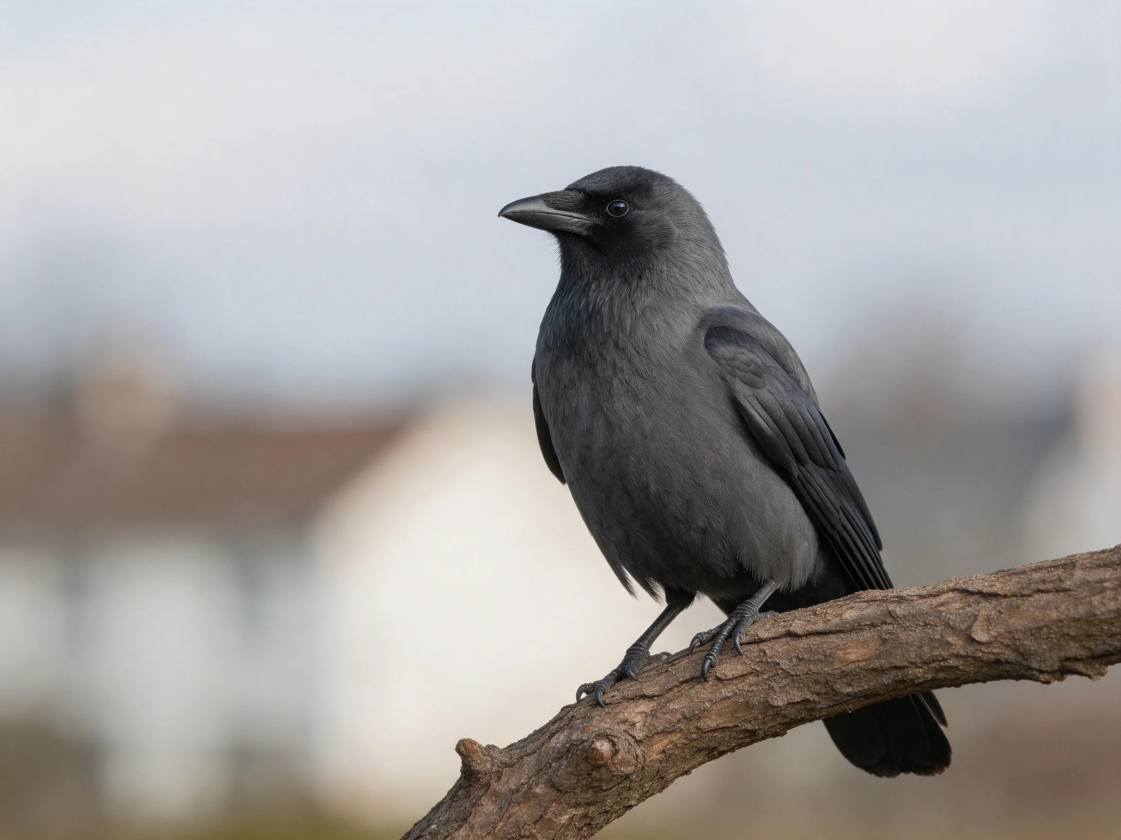 A dark gray crow perches on a gnarled brown tree branch