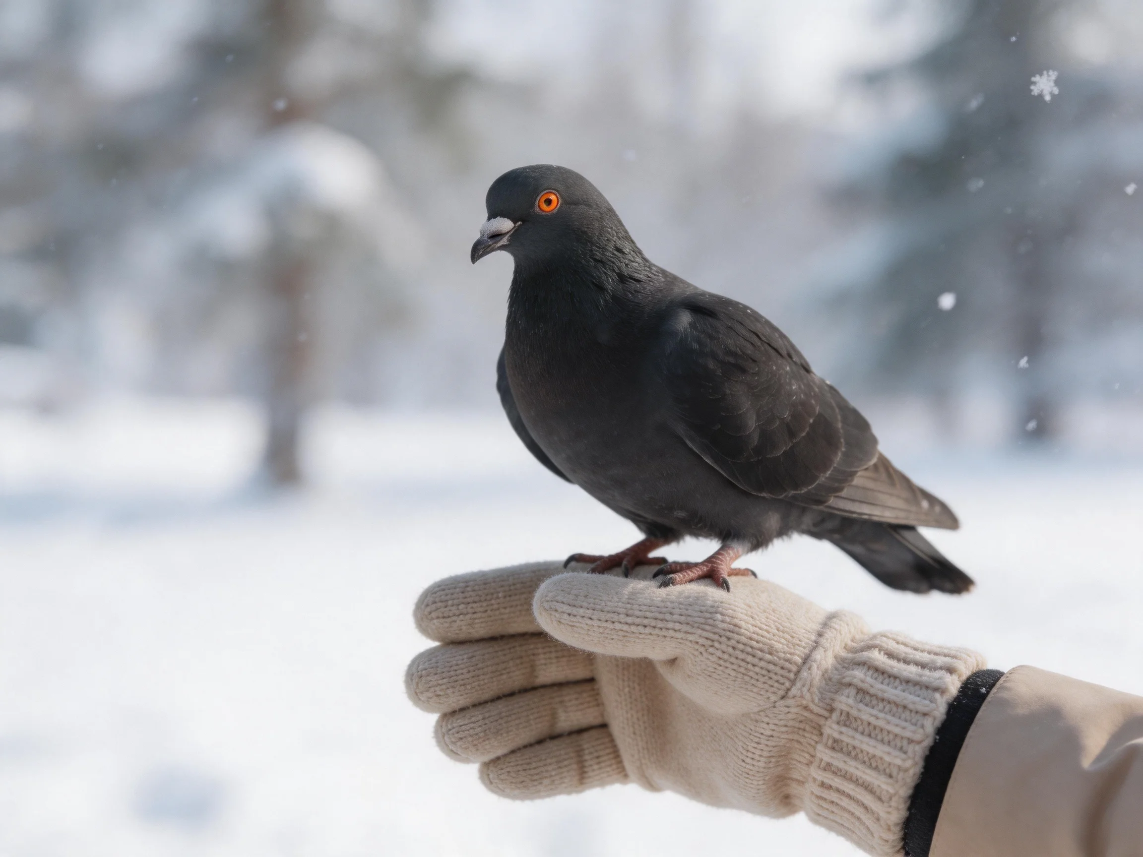 A dark gray pigeon perches on a gloved hand in a snowy landscape